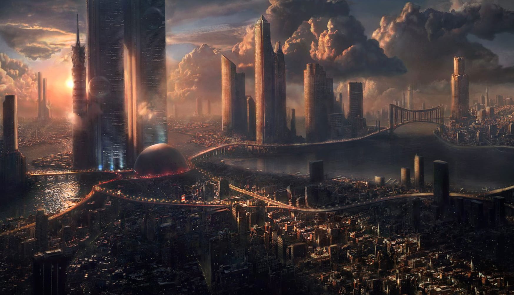 Sci-Fi City Sunset Tower - at 1600 x 900 HD size wallpapers HD quality