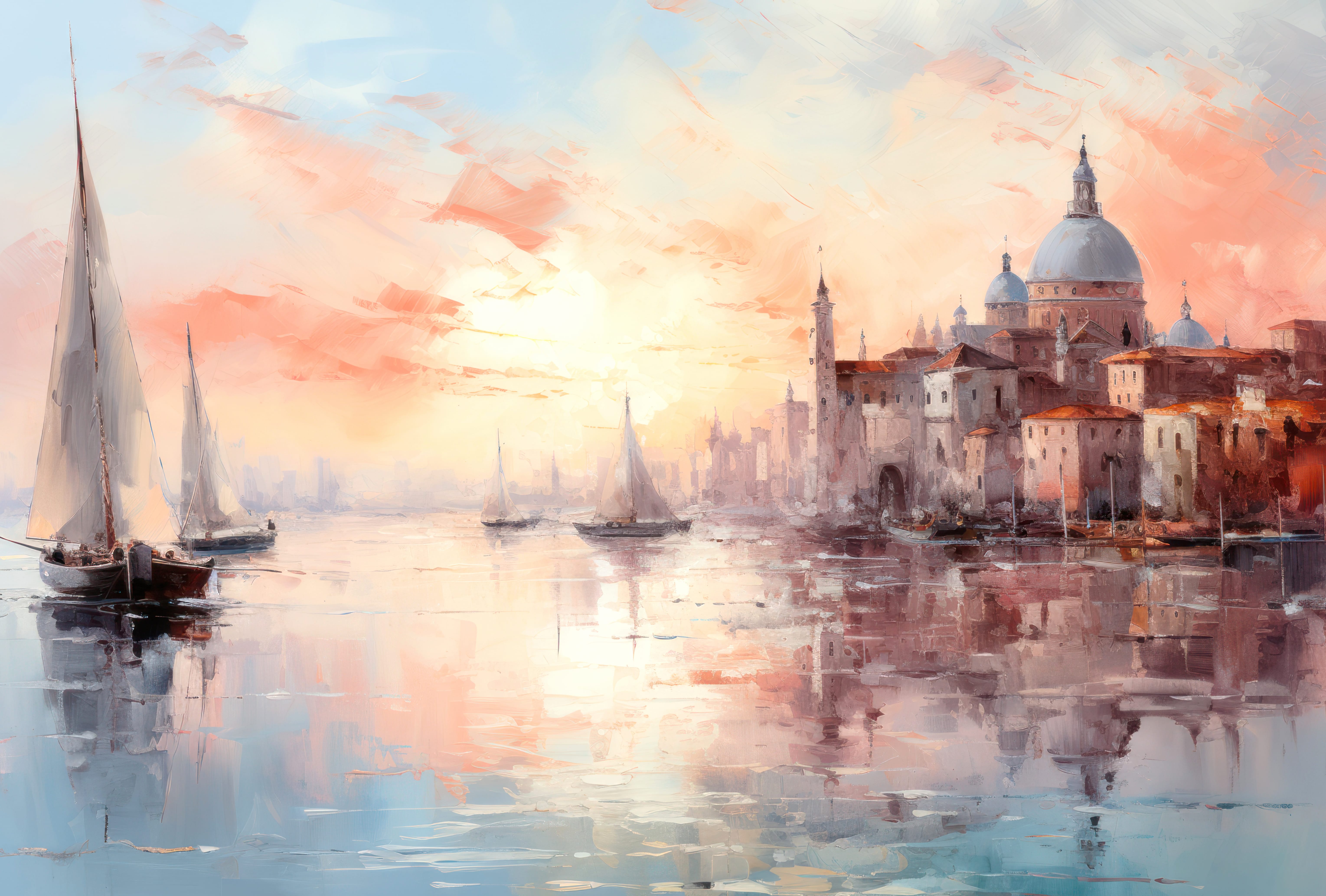 Sea Sunset Impressionism Harbor Venice Artistic Oil Painting wallpapers HD quality