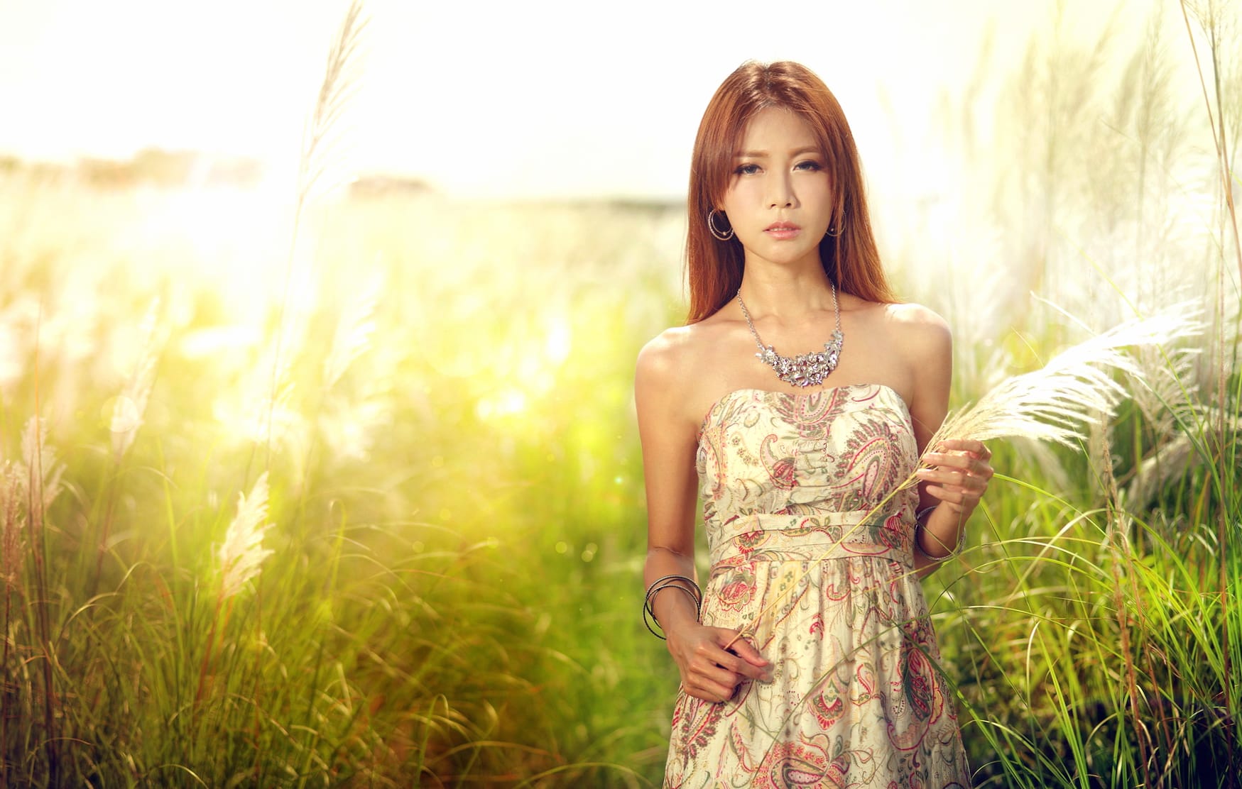 Serene Asian Woman in Field - at 1024 x 1024 iPad size wallpapers HD quality