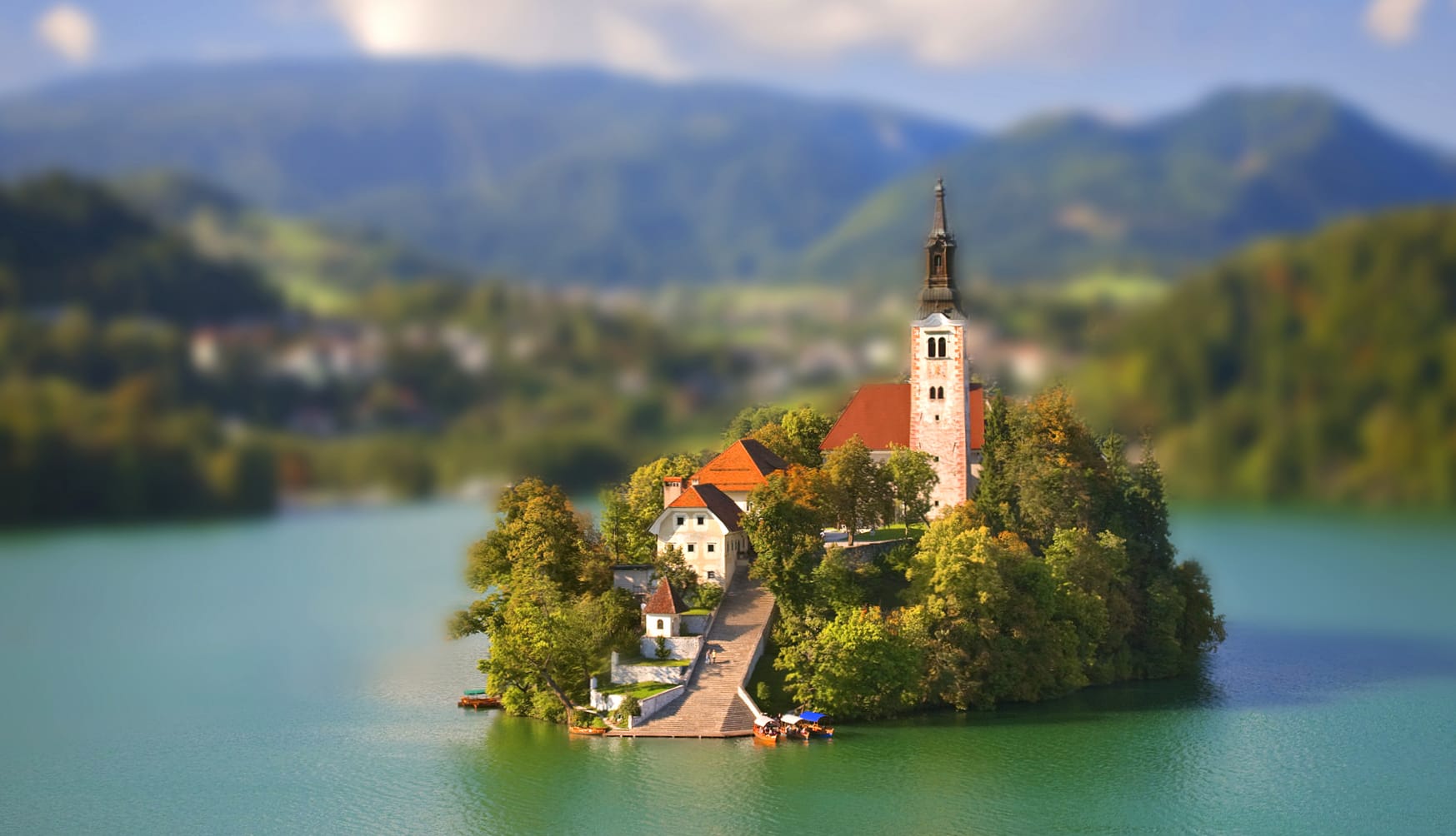 Slovenia Lake Bled Church Lake City Photography Tilt Shift wallpapers HD quality