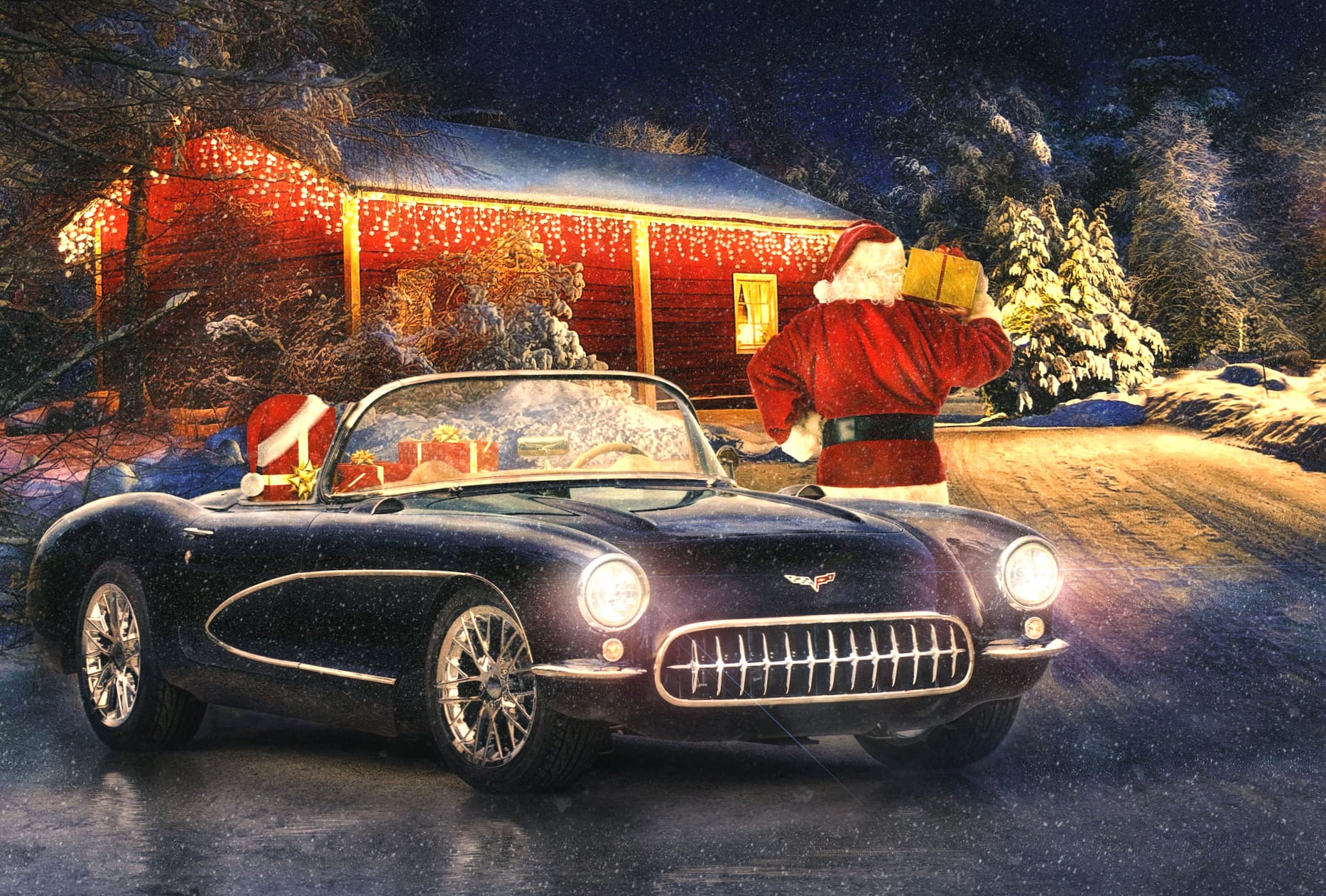 Snowfall Night Santa Car Holiday Christmas at 2560 x 1440 HD size wallpapers HD quality