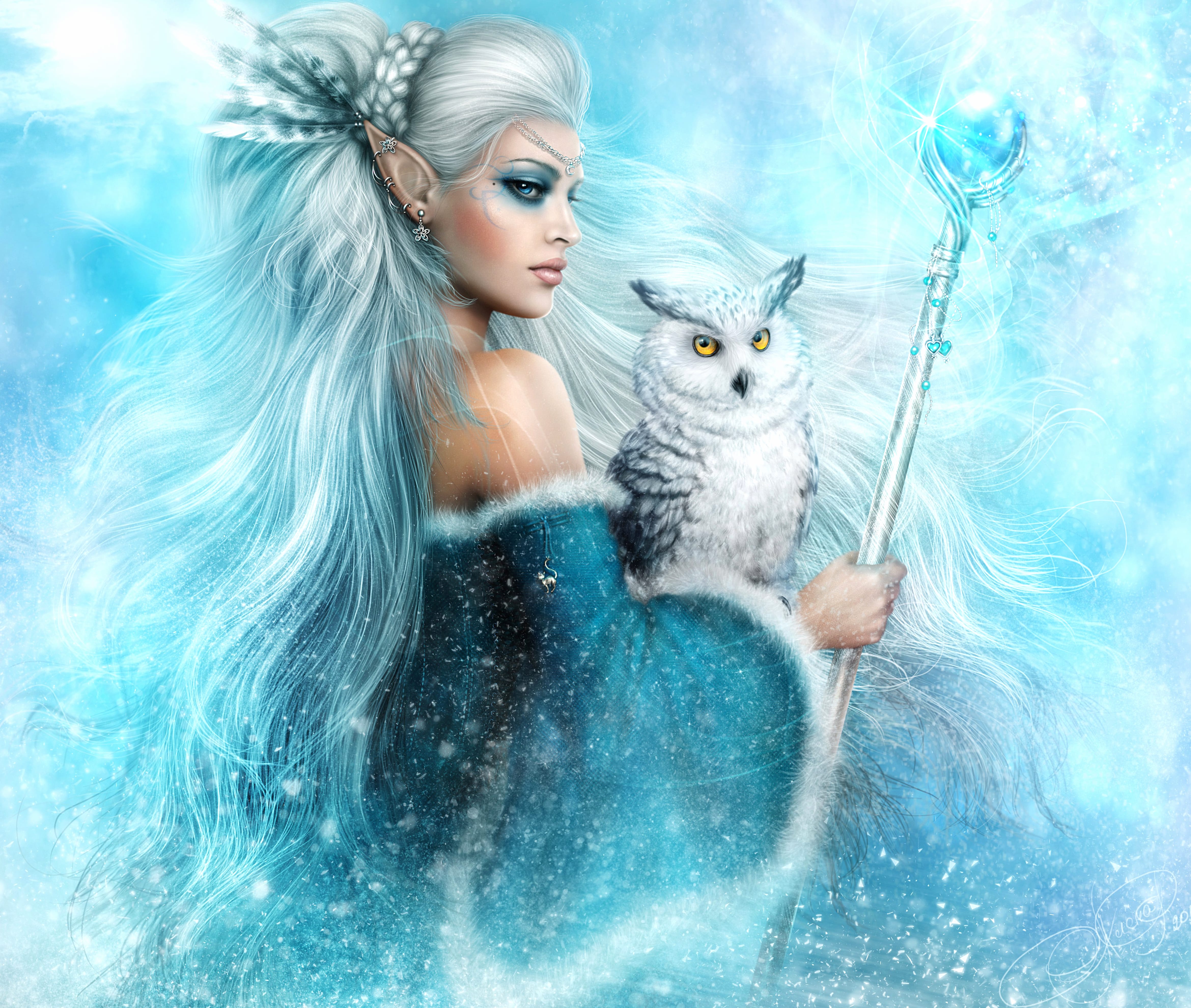 Snowy Elf and Owl Winter Fantasy - wallpapers HD quality