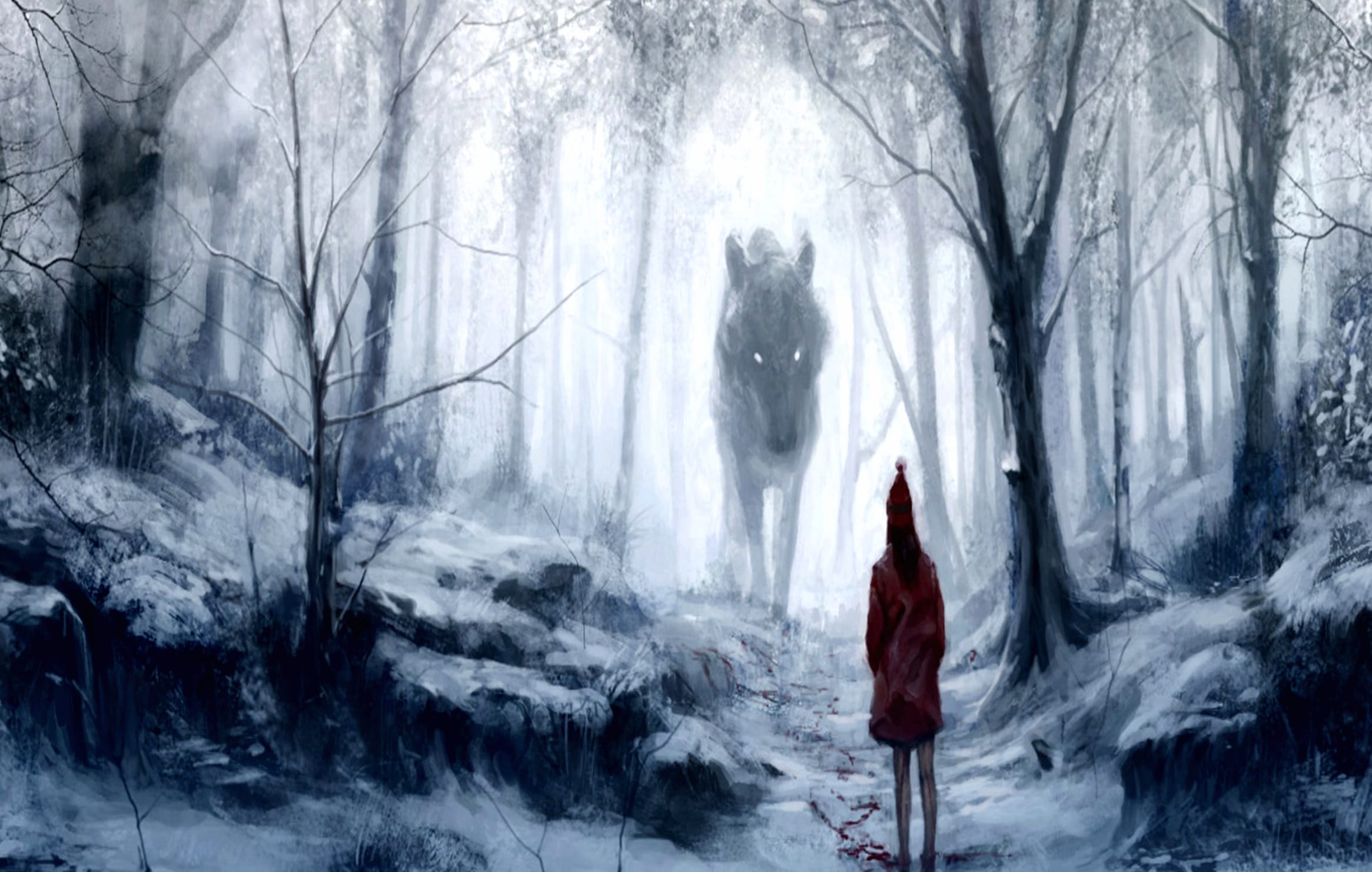 Snowy Encounter - Fantasy Wolf & Red Riding Hood wallpapers HD quality