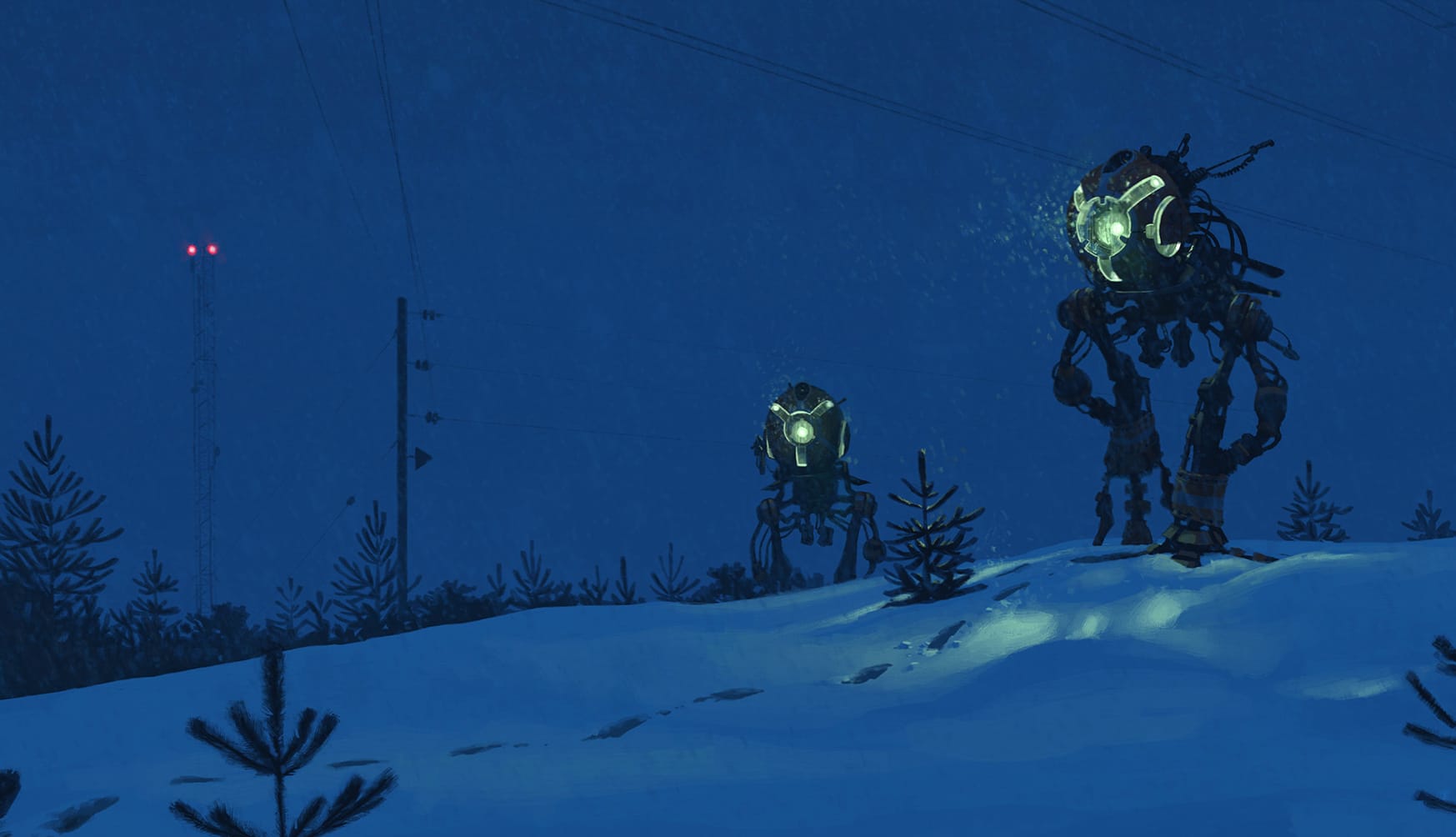 Snowy Night Sci-Fi Robots in Enigmatic Silence at 1920 x 1080 HD size wallpapers HD quality