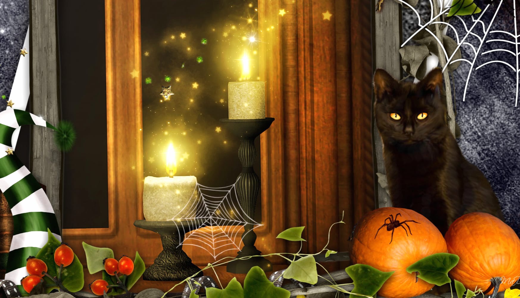 Spooky Cat and Candle A Halloween Collage at 1600 x 1200 size wallpapers HD quality