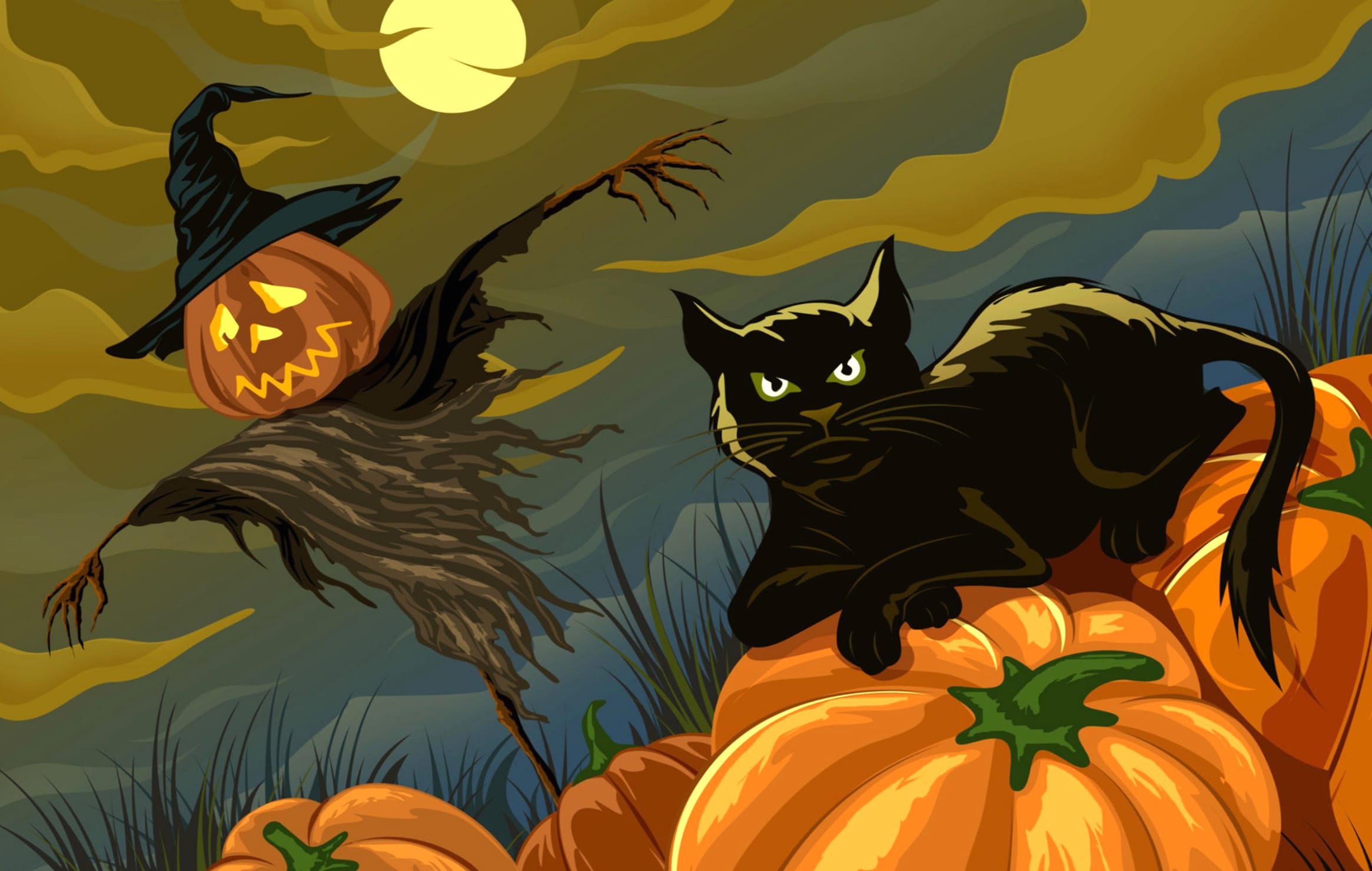 Spooky Halloween Pumpkins, Scarecrows, and Cats at 2560 x 1440 HD size wallpapers HD quality