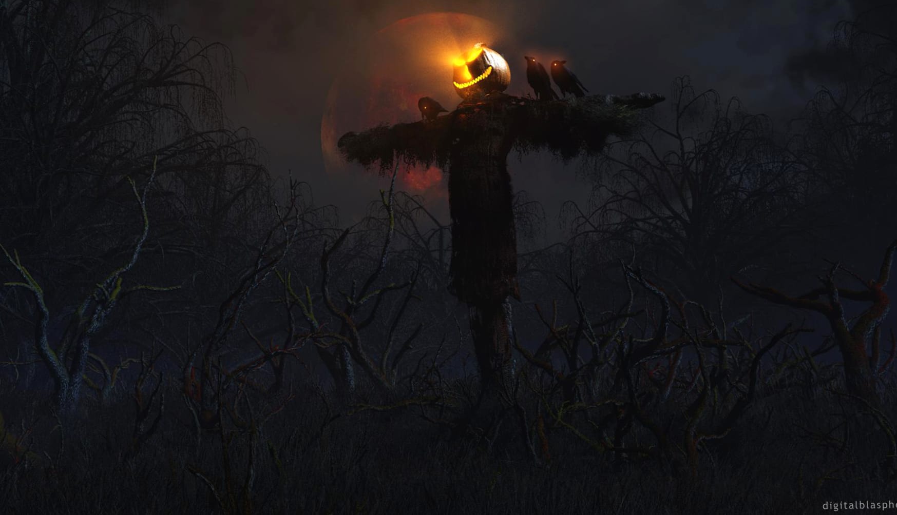 Spooky Halloween The Haunted Scarecrow at 640 x 960 iPhone 4 size wallpapers HD quality