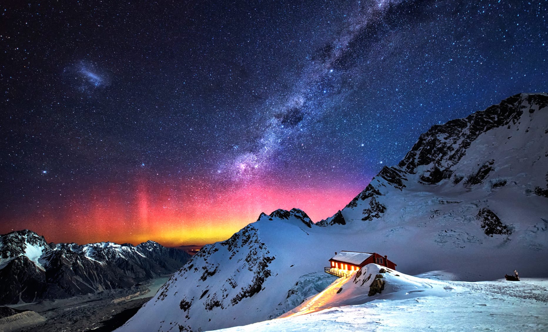 Starlit Winter Wonderland of the Milky Way Over Snowy Peaks wallpapers HD quality