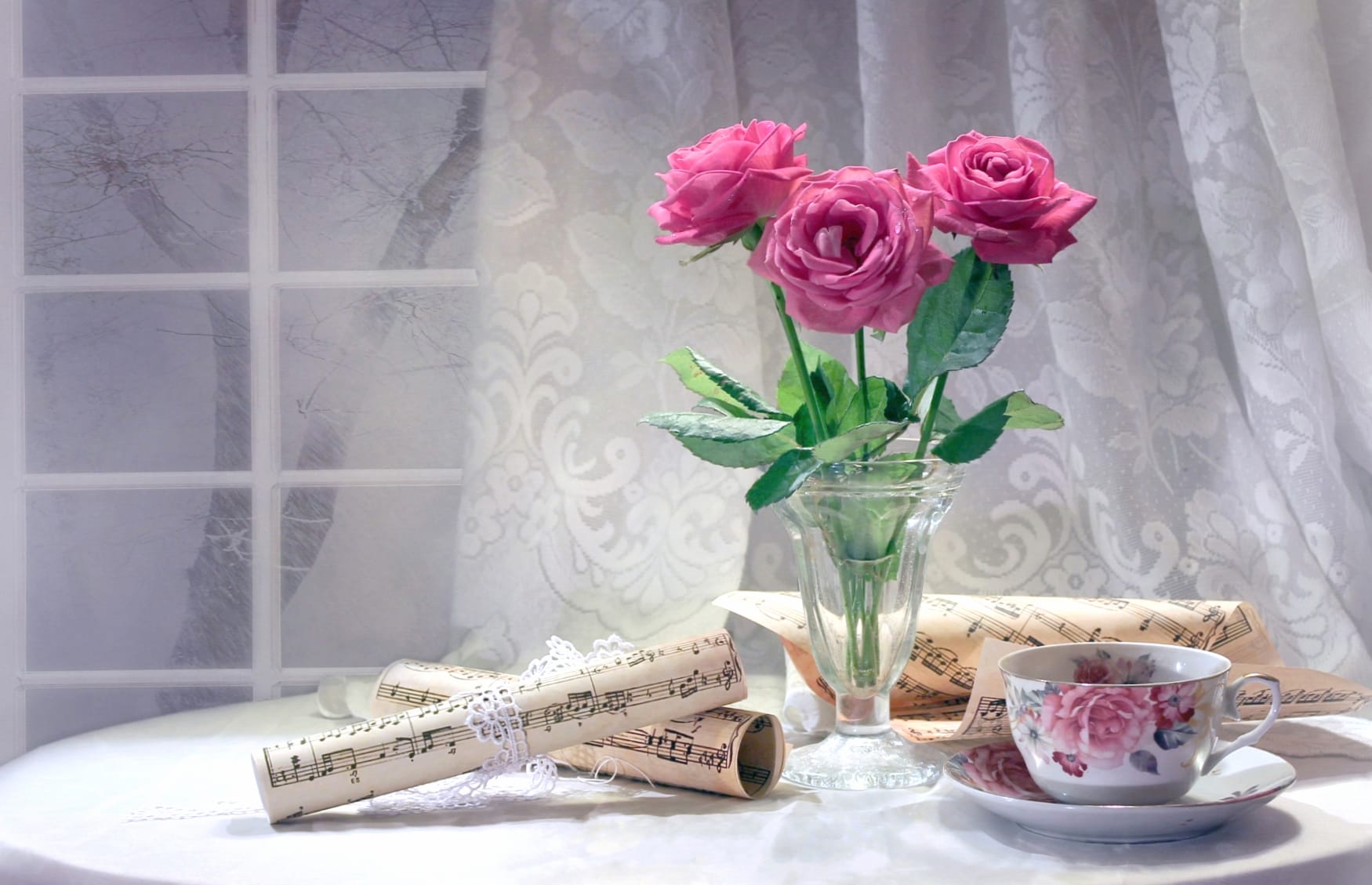 Still Life with Tea Cup and Pink Roses wallpapers HD quality