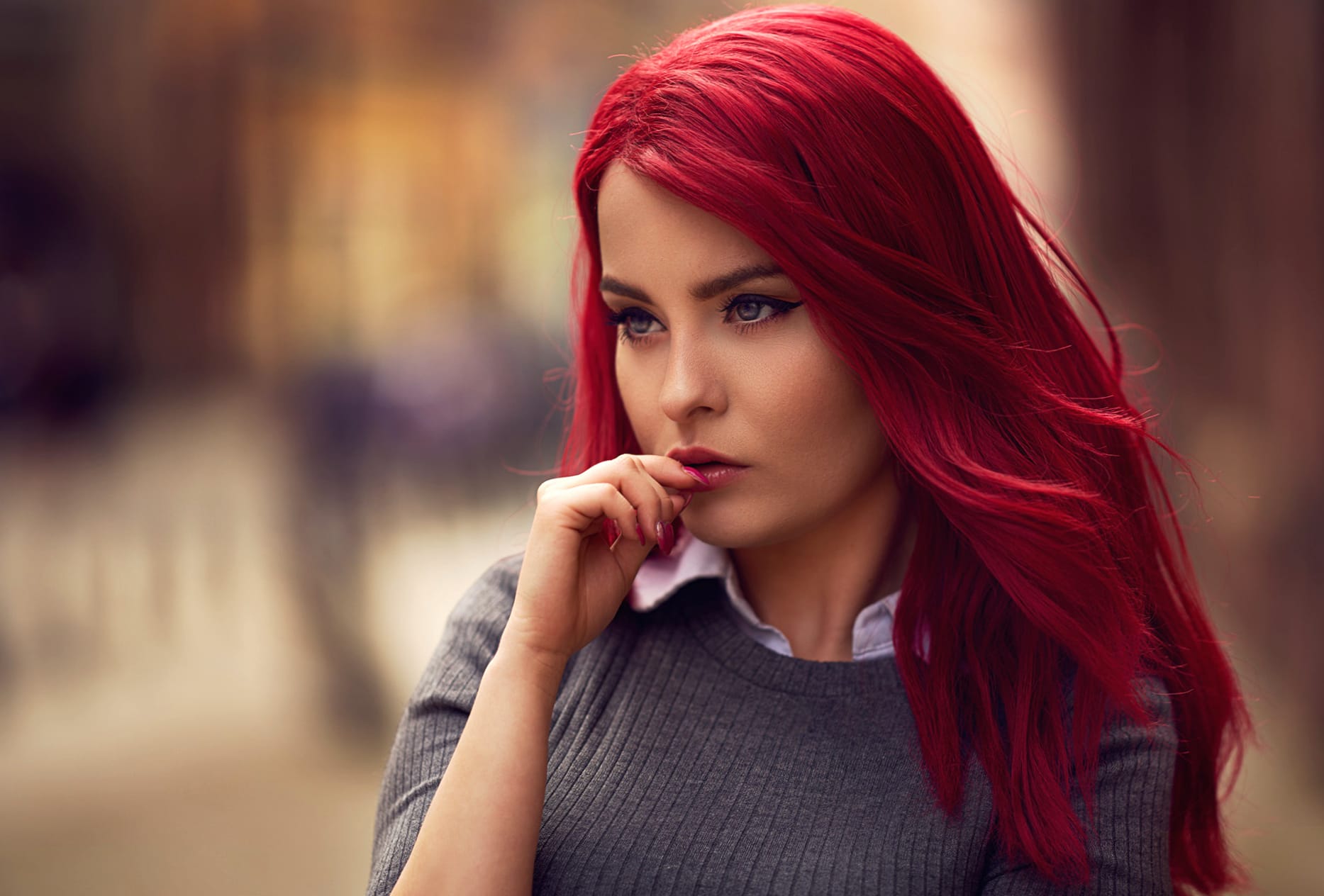 Striking Red-Haired Model at 320 x 480 iPhone size wallpapers HD quality