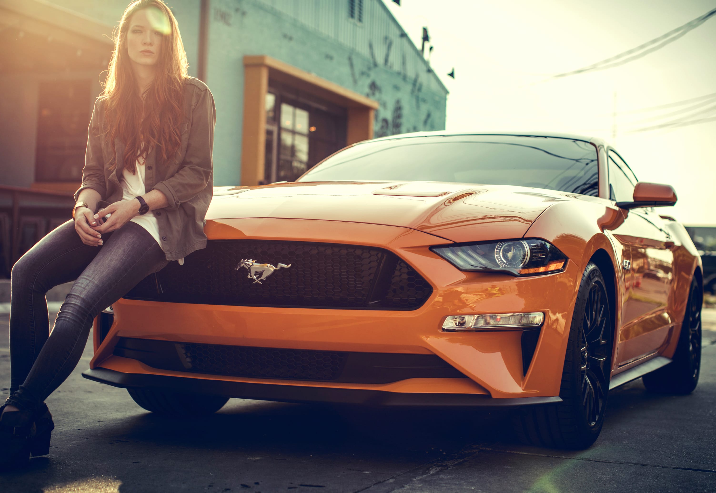 Stylish Redhead with Orange Ford Mustang - wallpapers HD quality