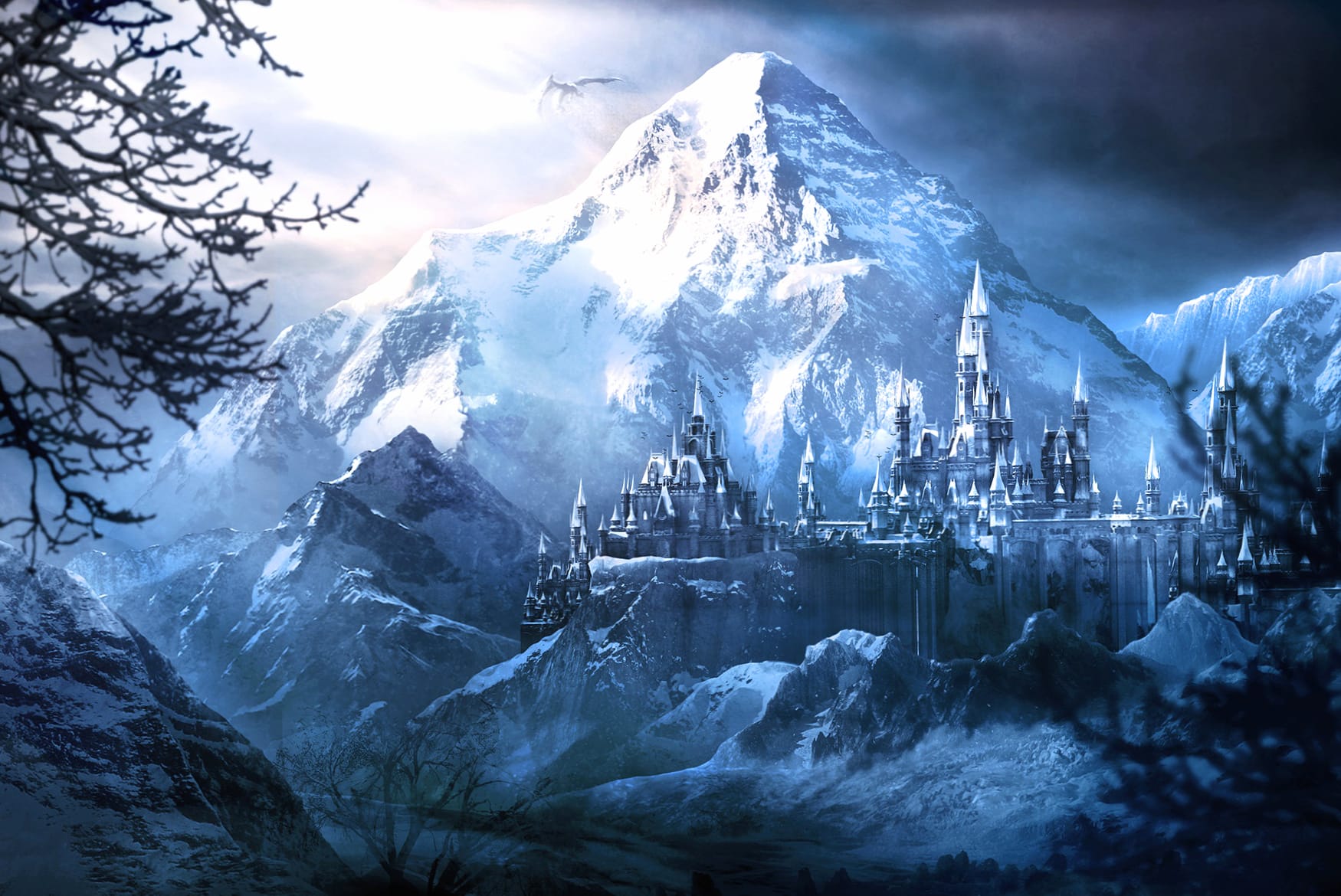 Sunbeam Dragon of the Winter Mountain - Fantasy City wallpapers HD quality