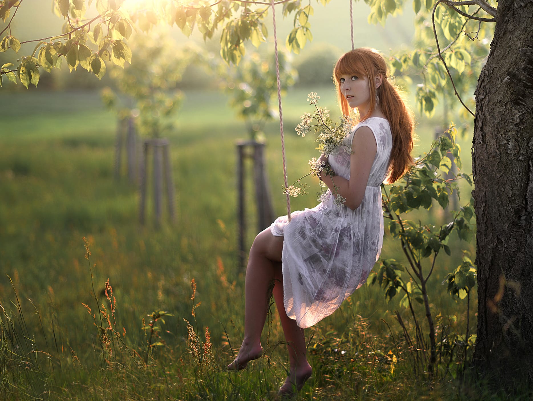 Sunny Day Swing - Redhead Model in Dress wallpapers HD quality