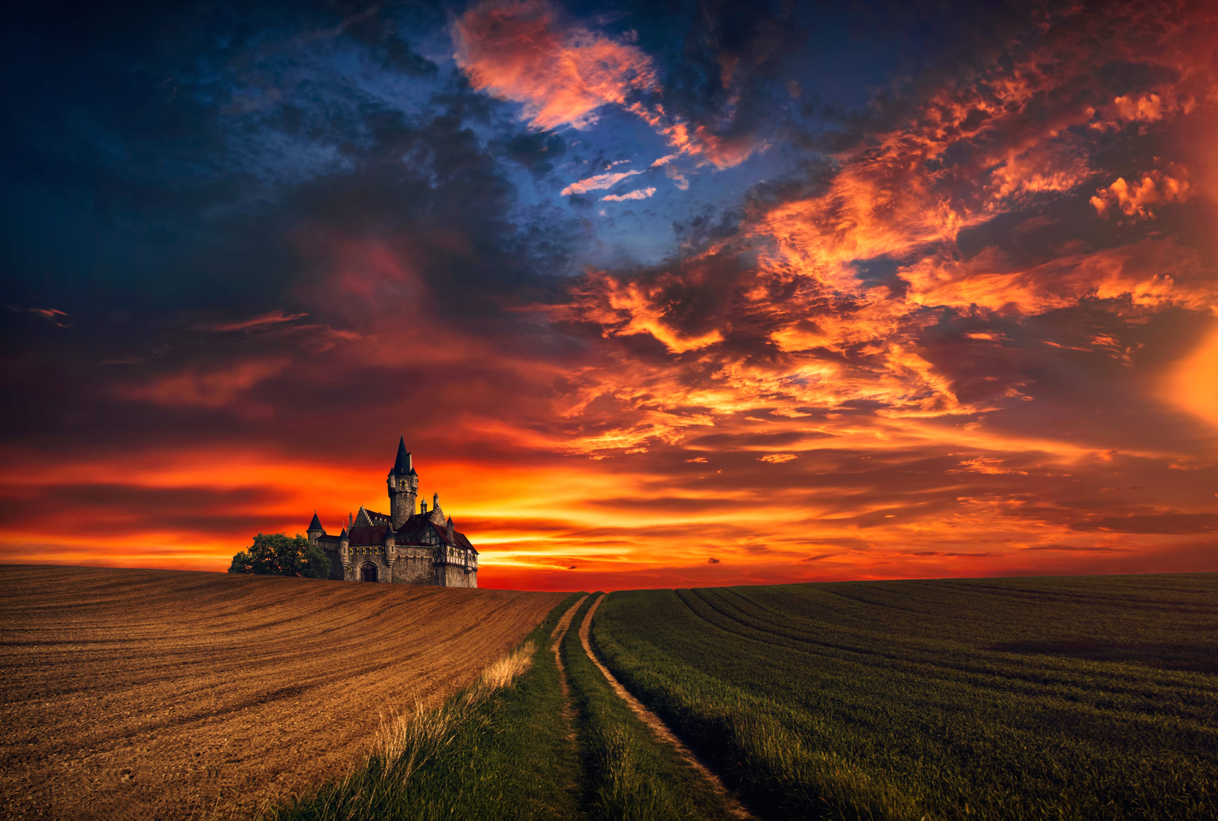 Sunset Grass Wheat Field Castle Fantasy Photography Manipulation at 1920 x 1080 HD size wallpapers HD quality