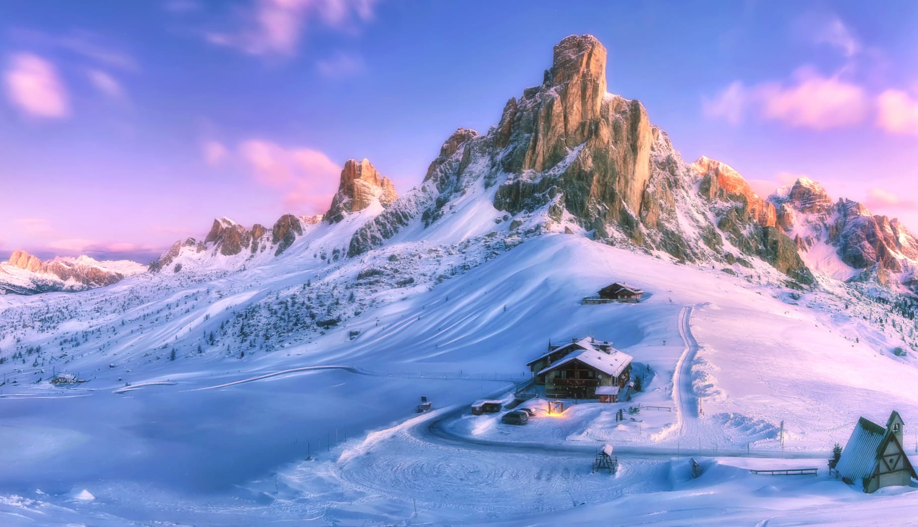 Sunset Sky House Mountain Snow Photography Winter at 1536 x 864 HD size wallpapers HD quality