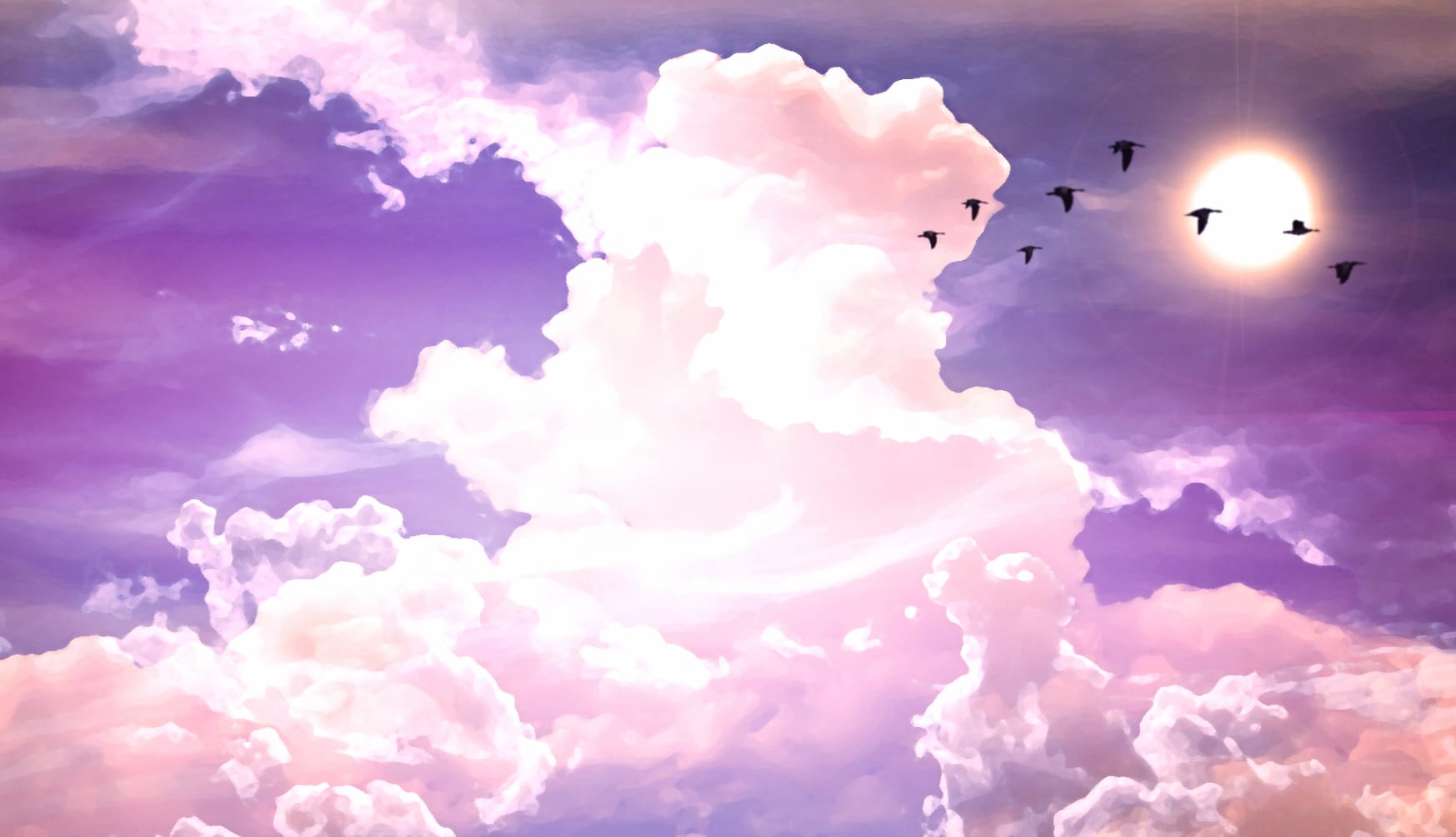 Sunshine Sun White Cloud Flying Bird Artistic Painting at 1600 x 1200 size wallpapers HD quality