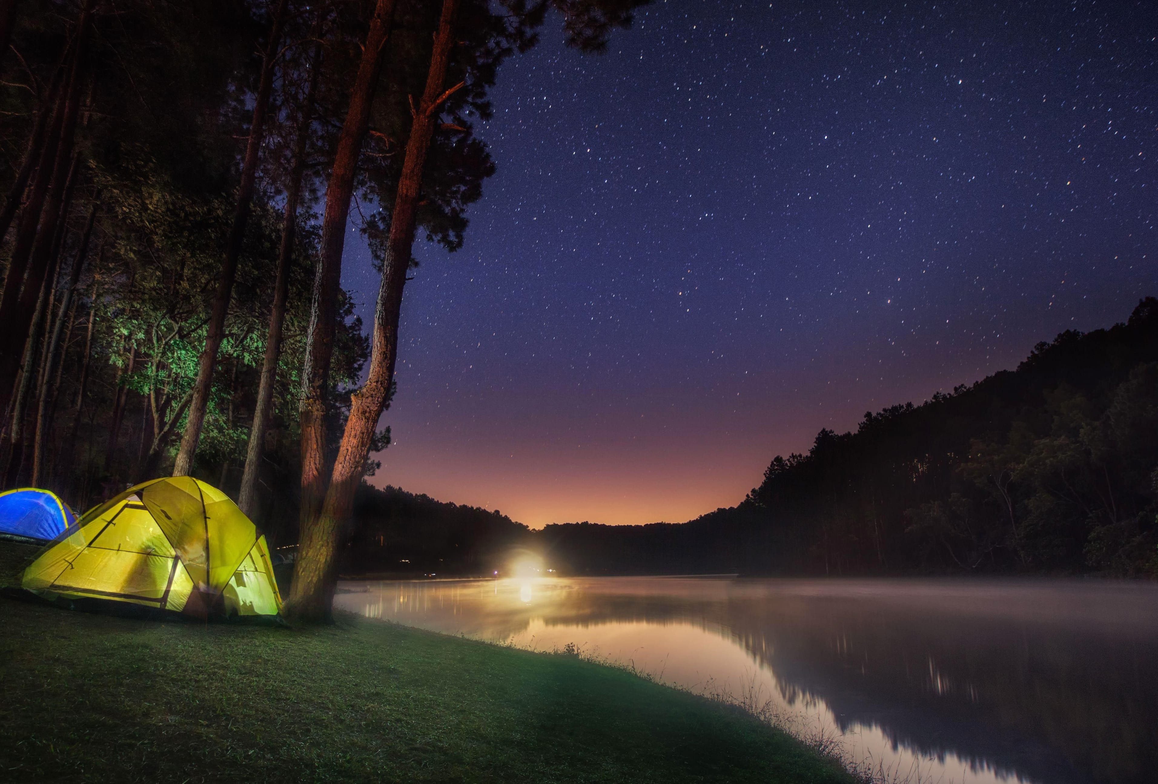 Tent Lake Light Forest Starry Sky Camp Photography Camping wallpapers HD quality