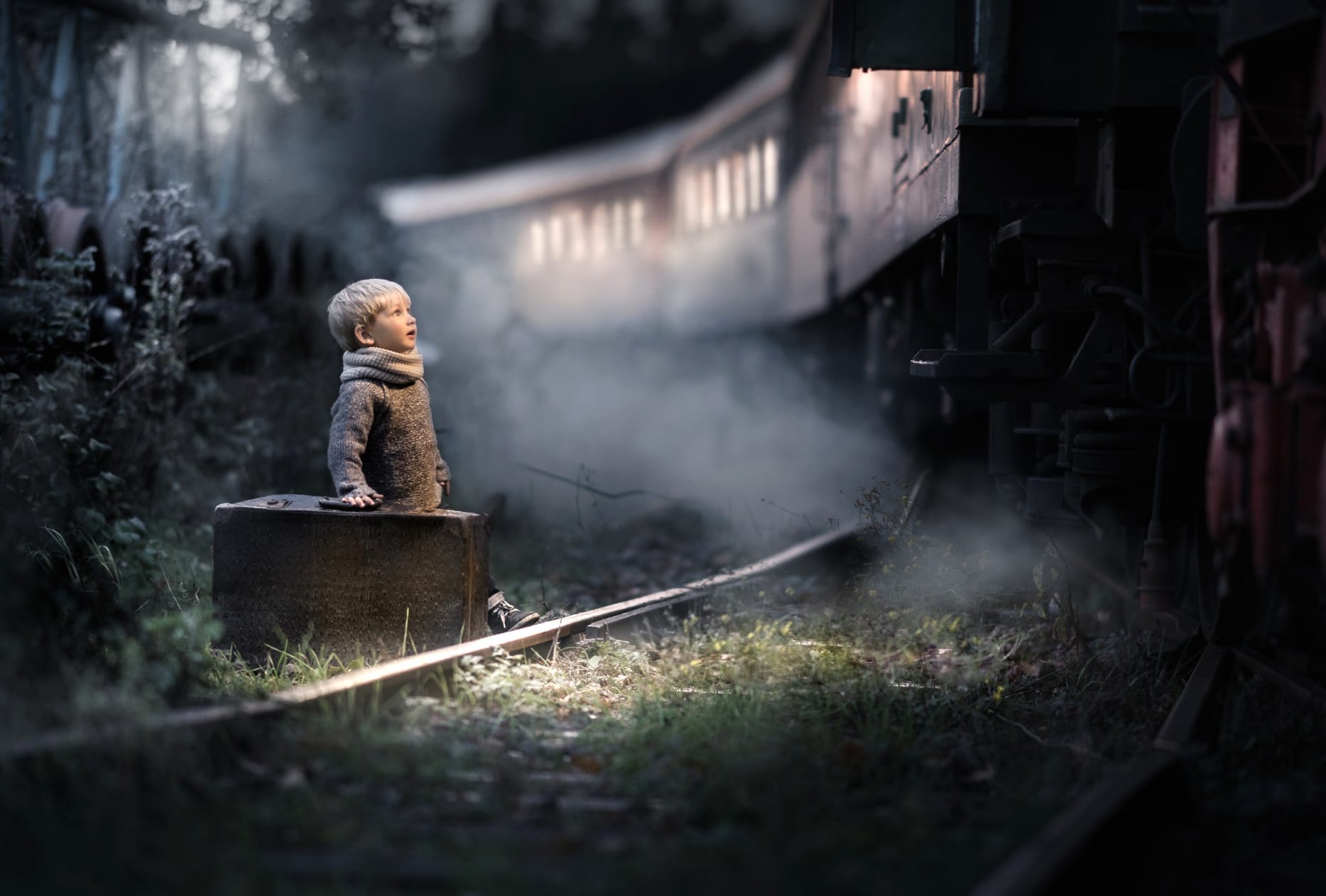 Train Suitcase Little Boy Night Photography Child at 1536 x 864 HD size wallpapers HD quality