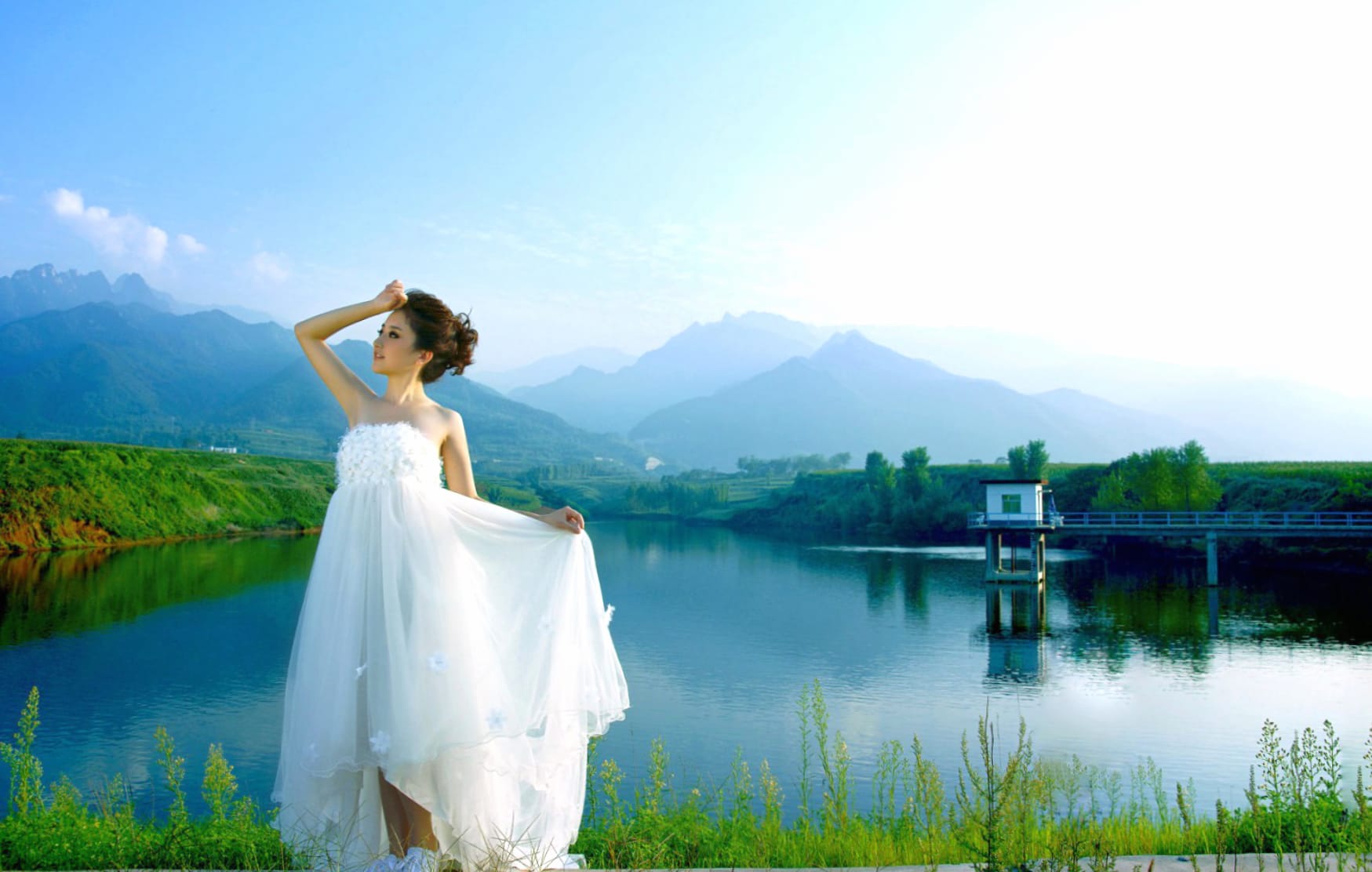 Tranquil Beauty Asian Woman in Scenic Landscape wallpapers HD quality