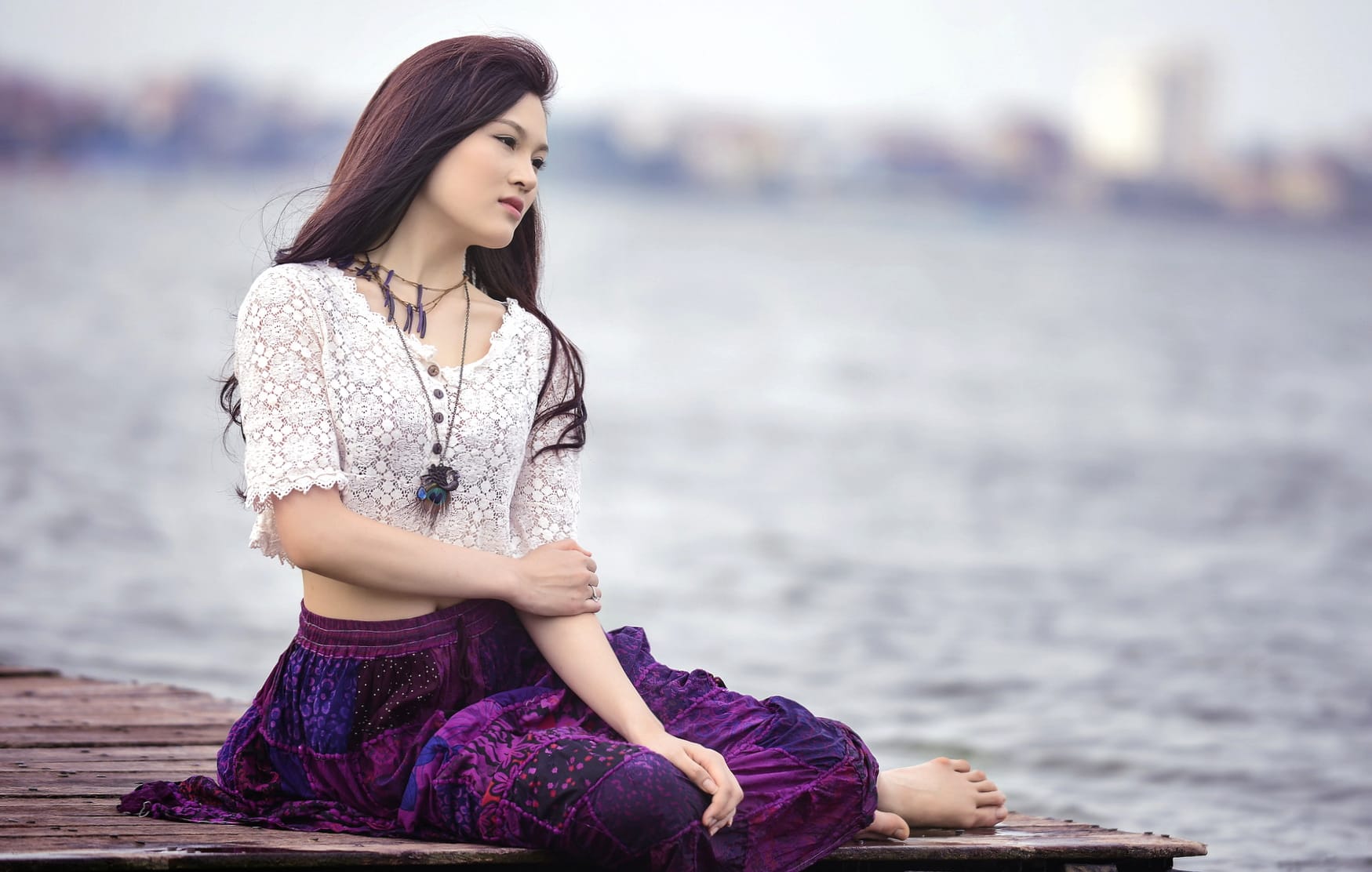 Tranquil Waterfront Asian Woman wallpapers HD quality