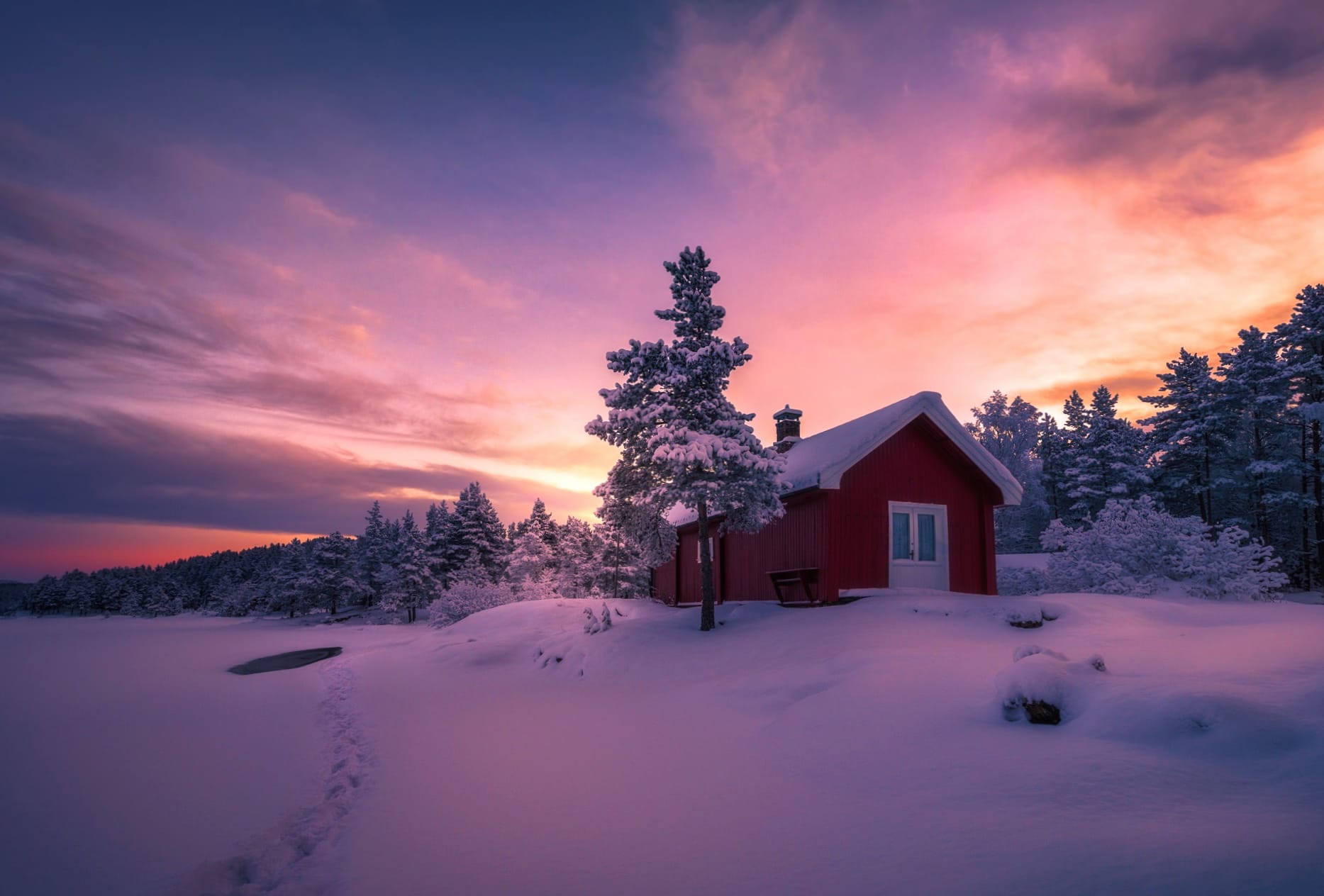 Tree Forest Sunset Snow Cabin House Photography Winter at 1600 x 900 HD size wallpapers HD quality