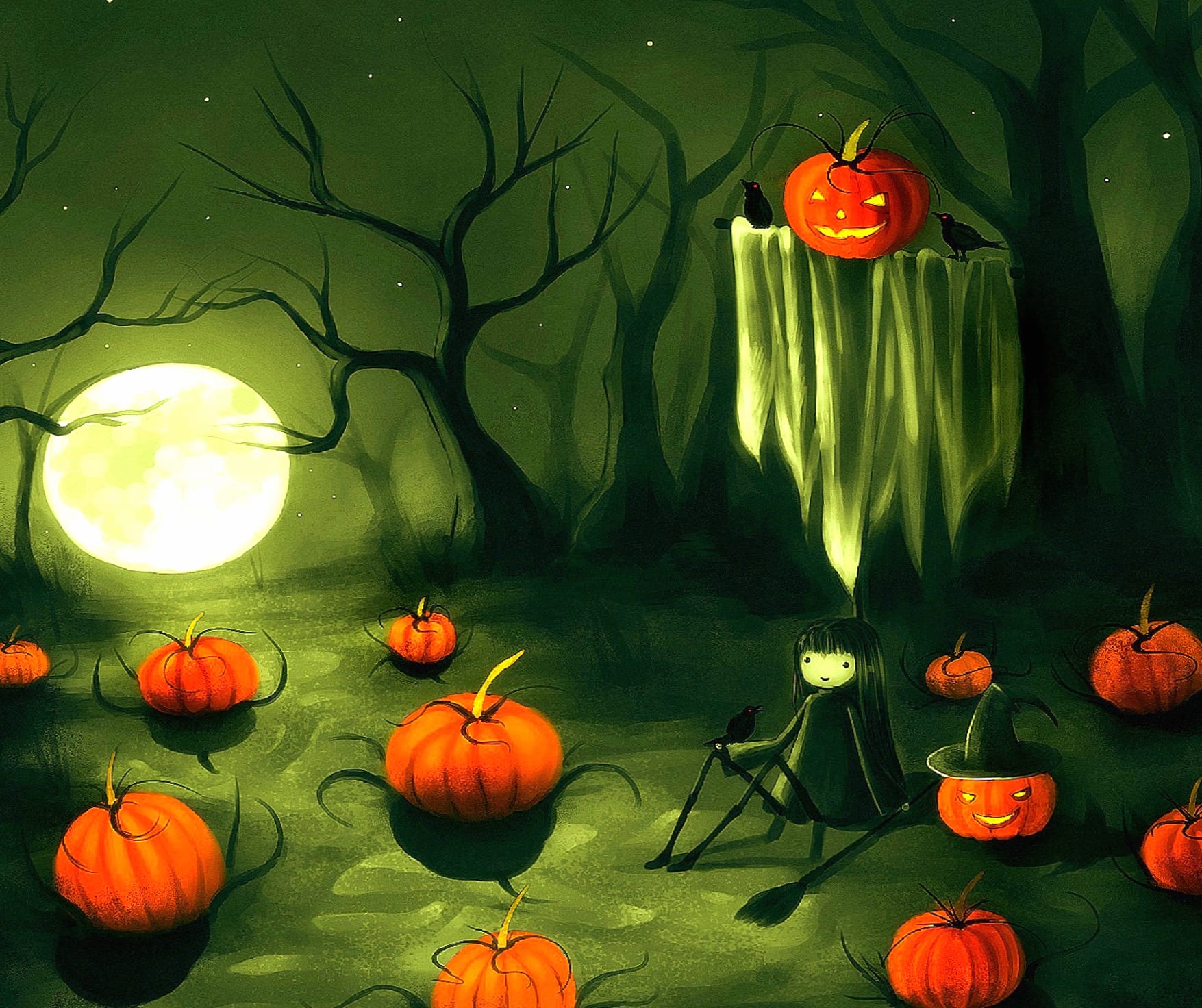 Tree Moon Little Girl Pumpkin Holiday Halloween wallpapers HD quality