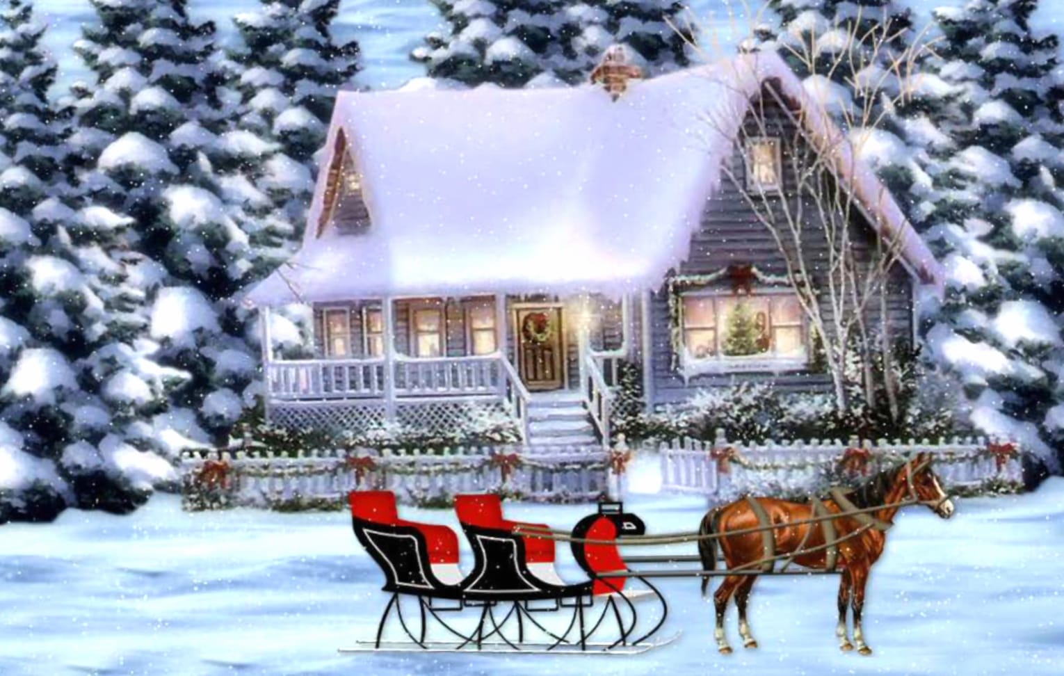 Tree Snow Winter House Sleigh Reindeer Holiday Christmas Wallpaper wallpapers HD quality