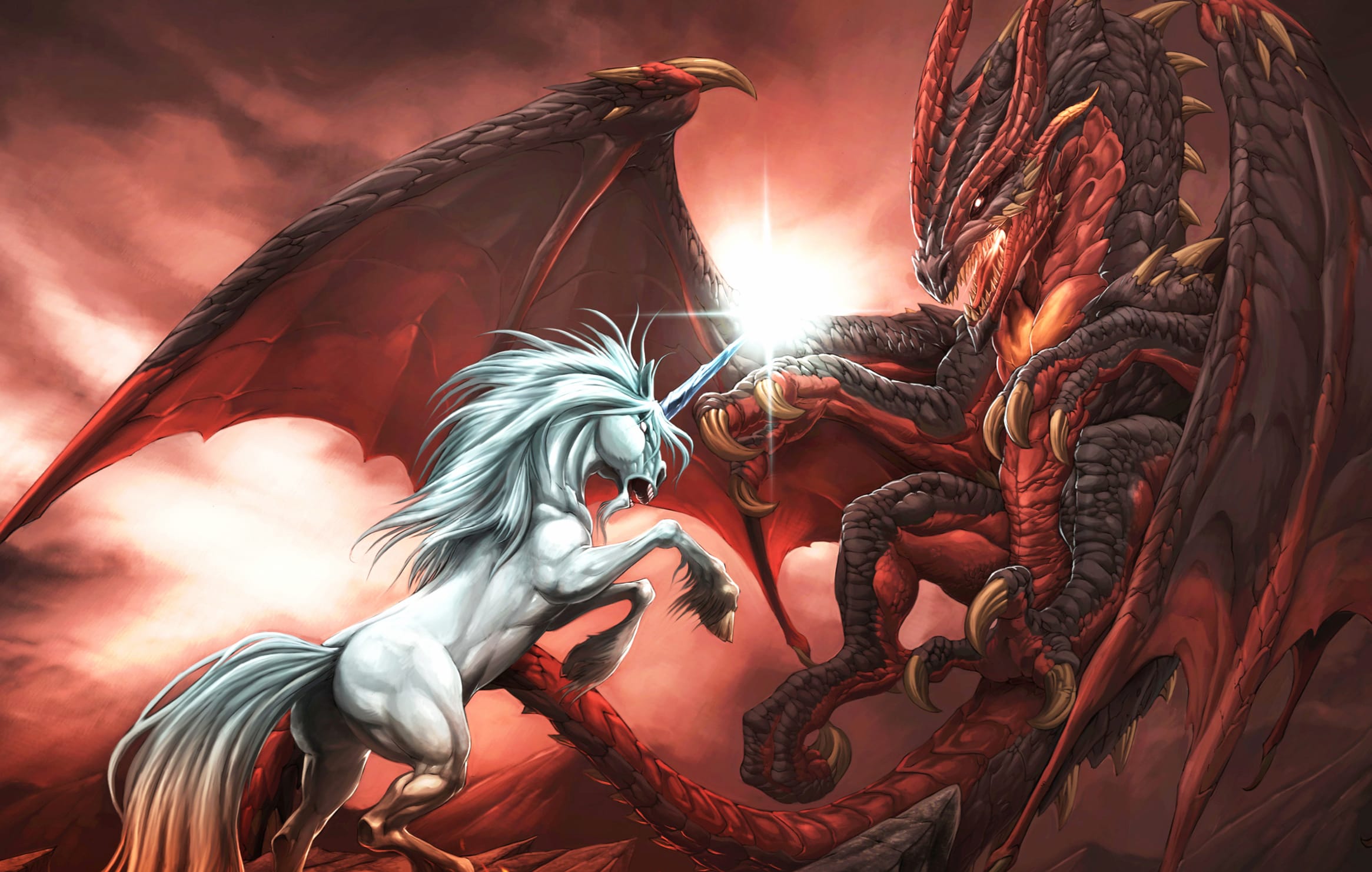 Unicorn vs Dragon Fantasy Clash at 1334 x 750 iPhone 7 size wallpapers HD quality