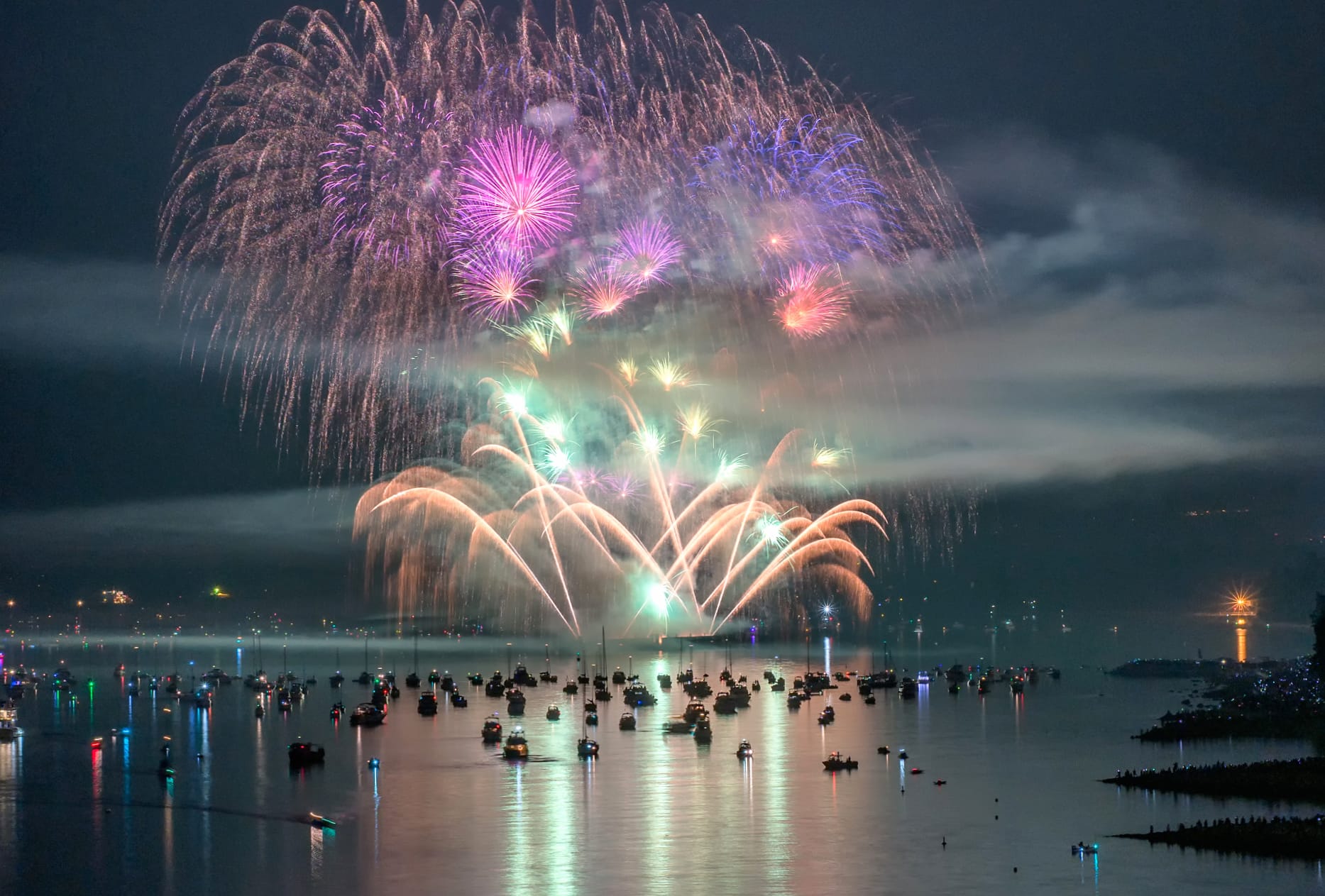 Vancouver Night Fireworks Over Ocean - at 1600 x 900 HD size wallpapers HD quality