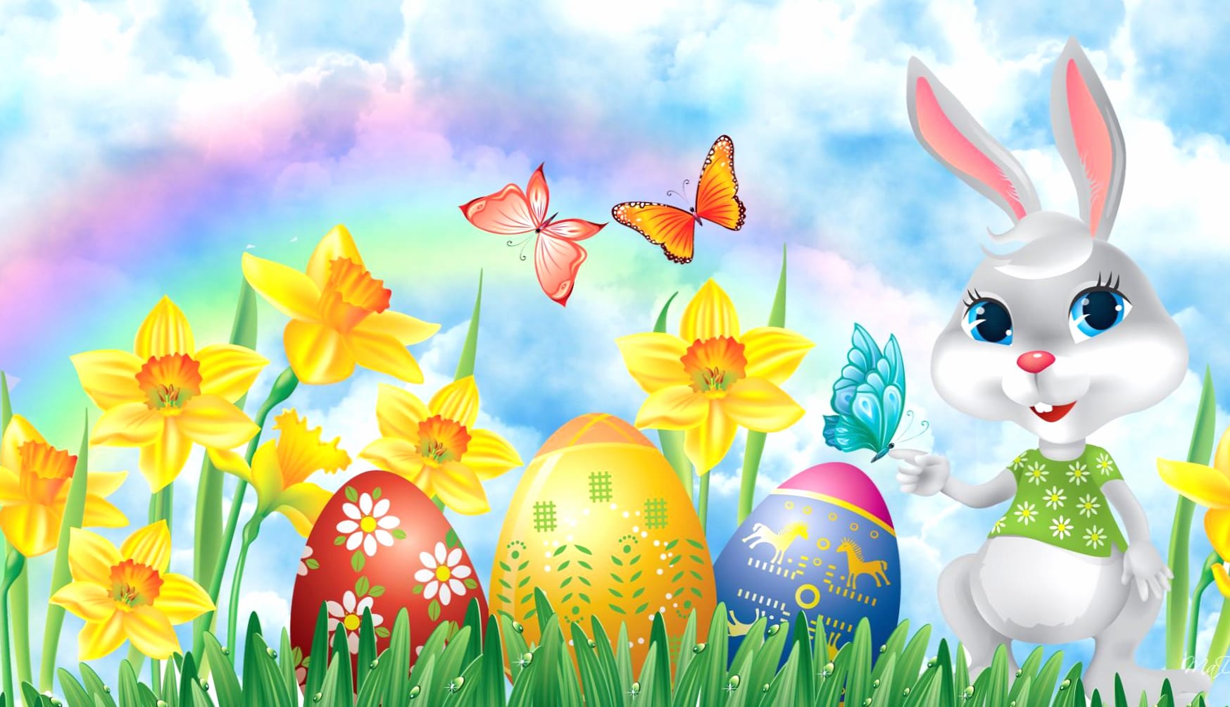 Vibrant Easter Celebration with Bunny and Daffodils at 1280 x 960 size wallpapers HD quality