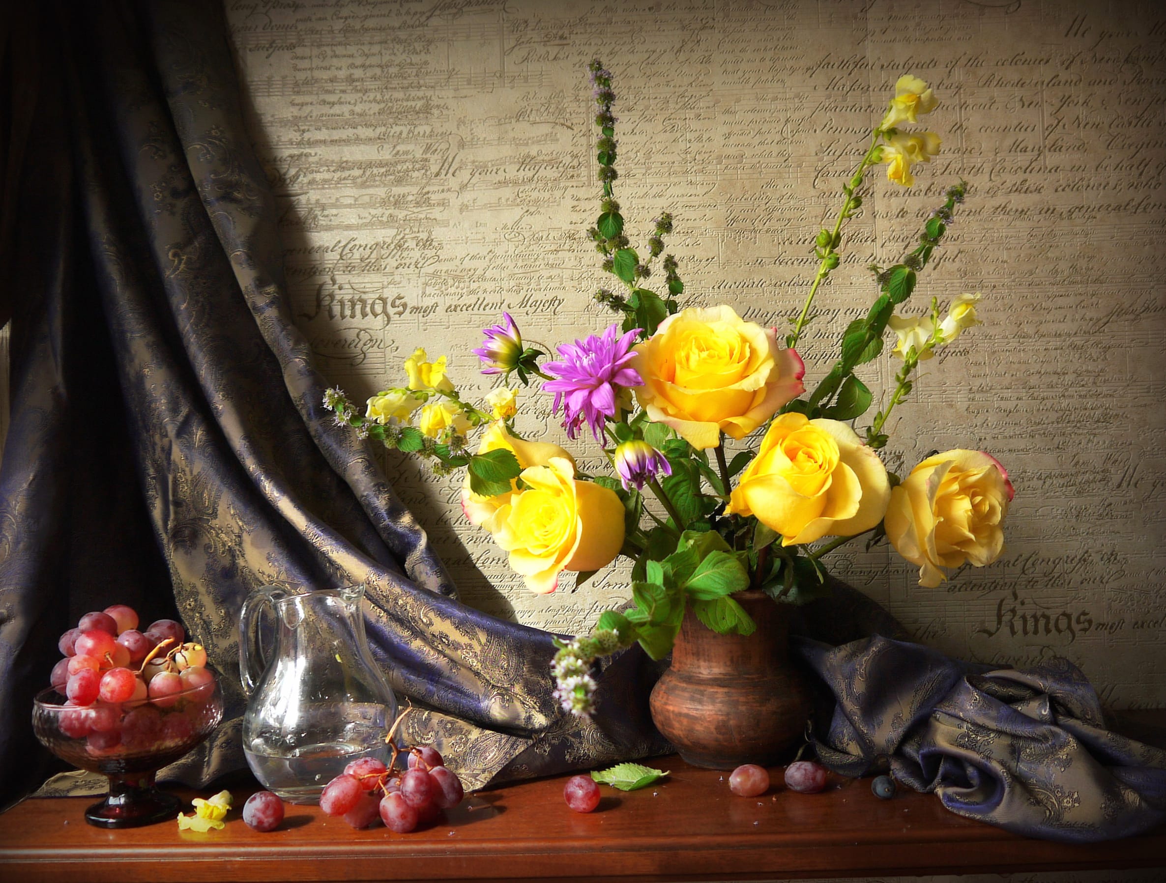 Vibrant Yellow Flowers and Grapes Still Life wallpapers HD quality