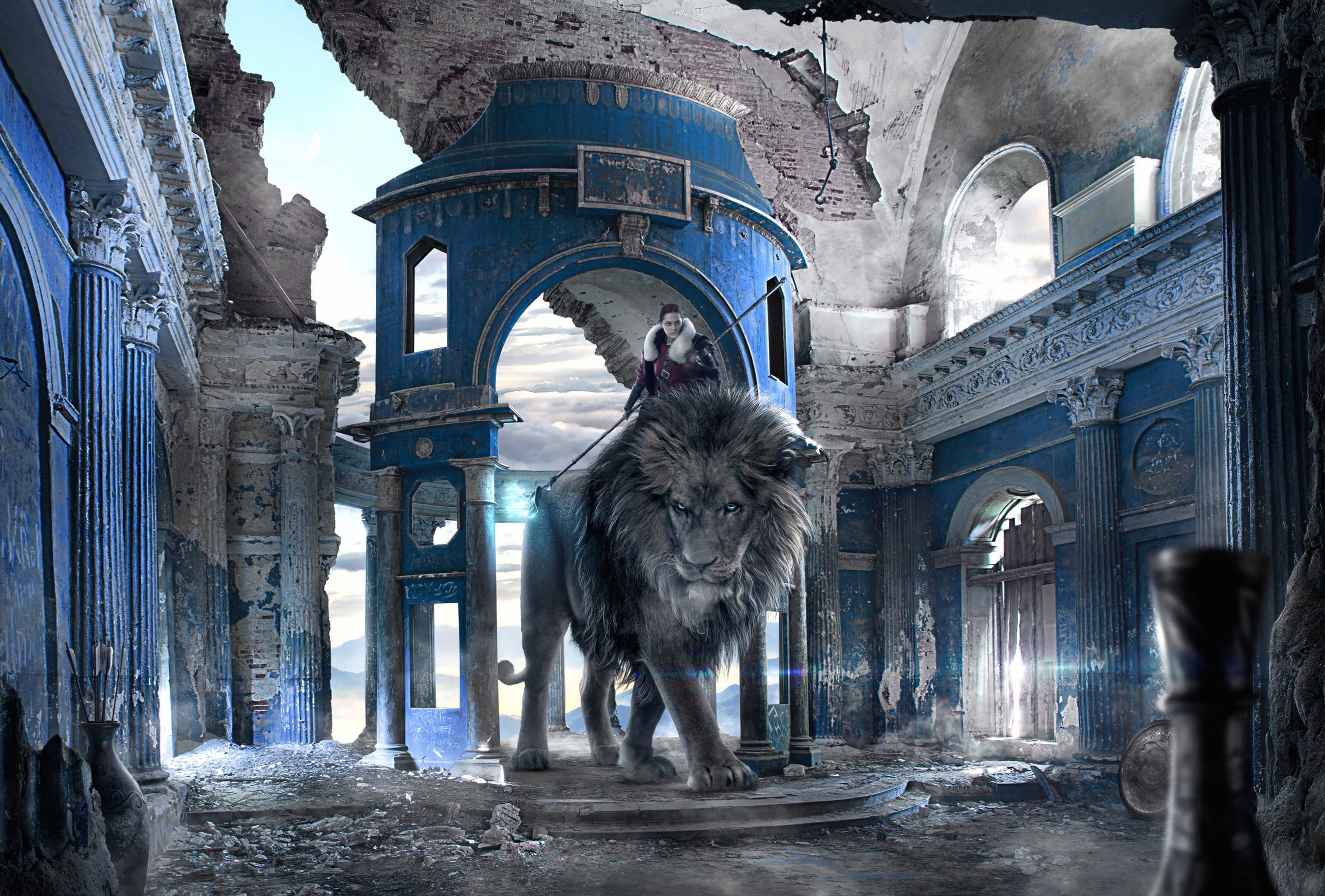 Warrior and Lion in Ruins - Fantasy at 1024 x 1024 iPad size wallpapers HD quality