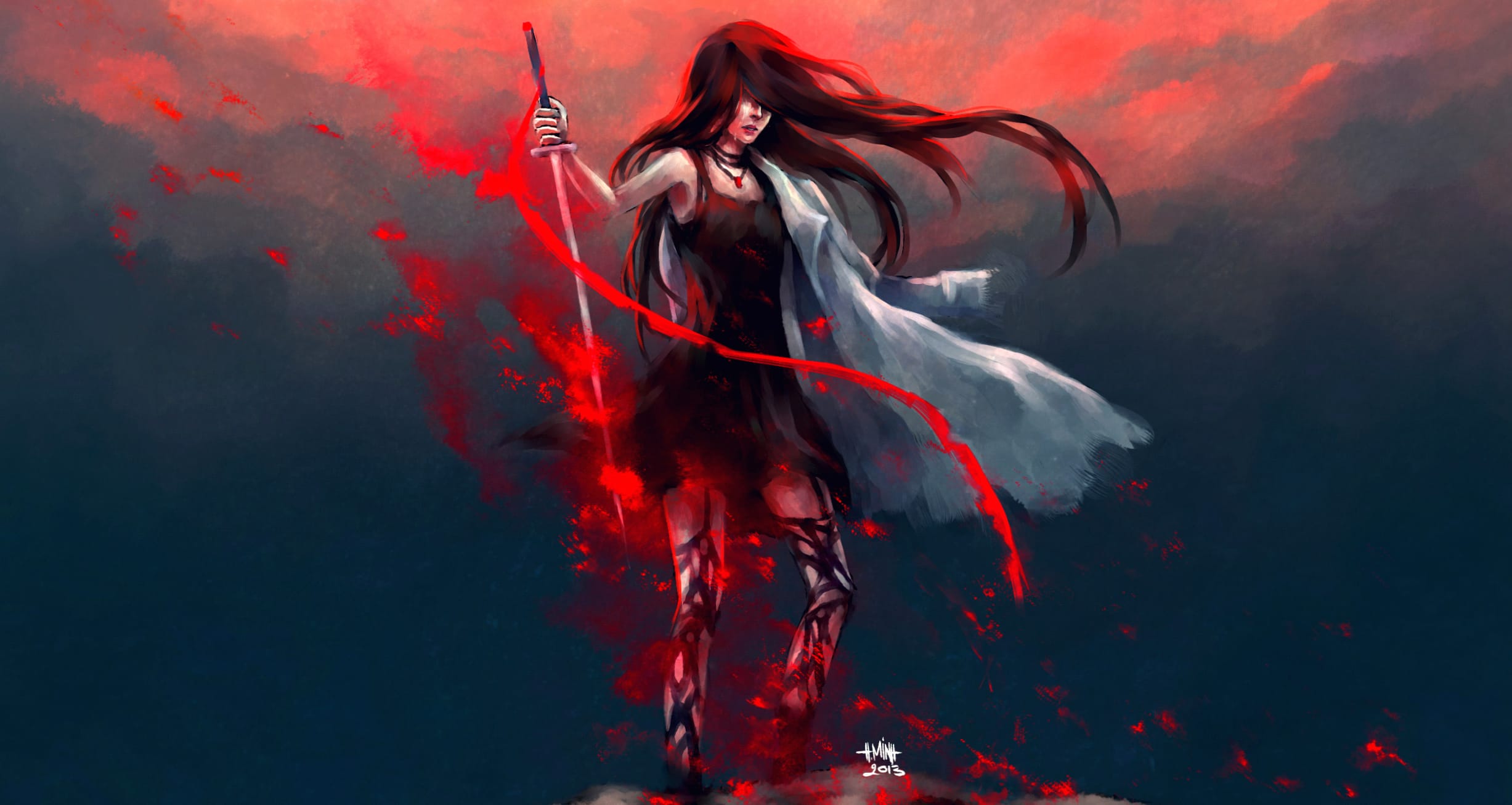 Warrior in the Crimson Mist - HD Fantasy Wallpaper at 1024 x 1024 iPad size wallpapers HD quality