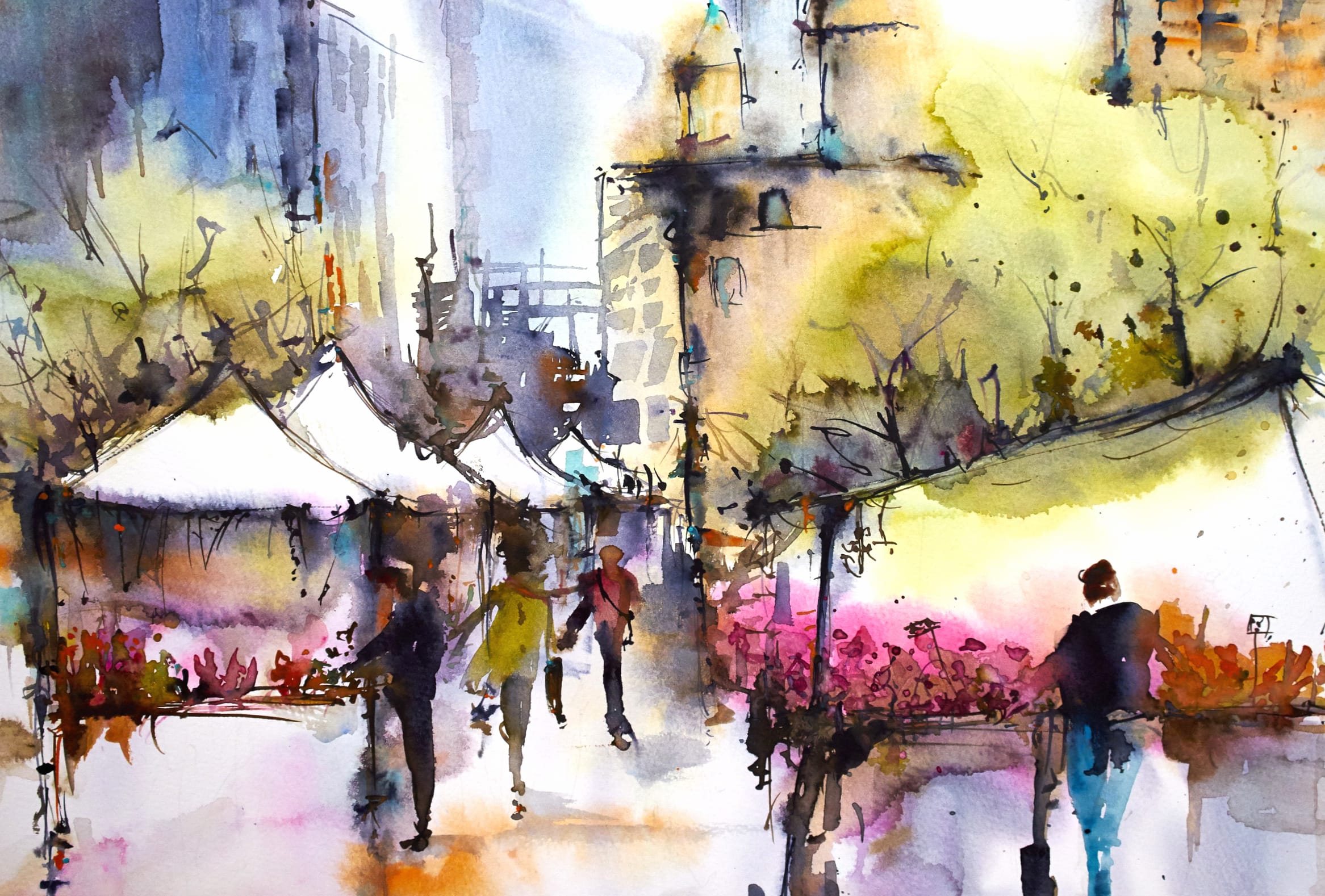 Watercolor Town Life at 640 x 1136 iPhone 5 size wallpapers HD quality