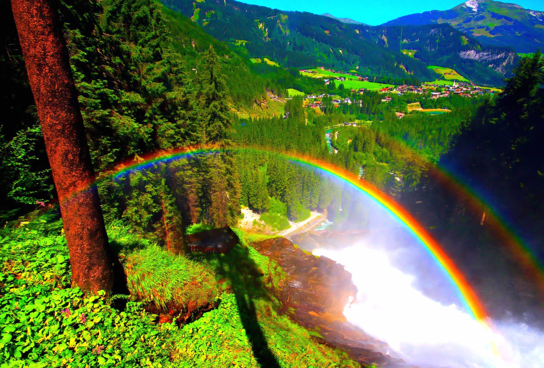 Waterfall Rainbow Forest Tree Valley Mountain Earth Photography Landscape at 2560 x 1440 HD size wallpapers HD quality