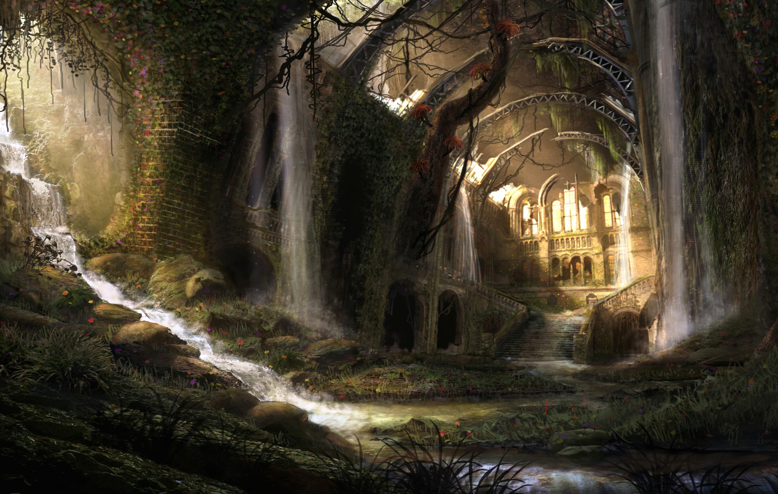 Waterfall Ruins Sci-Fi Post Apocalyptic wallpapers HD quality