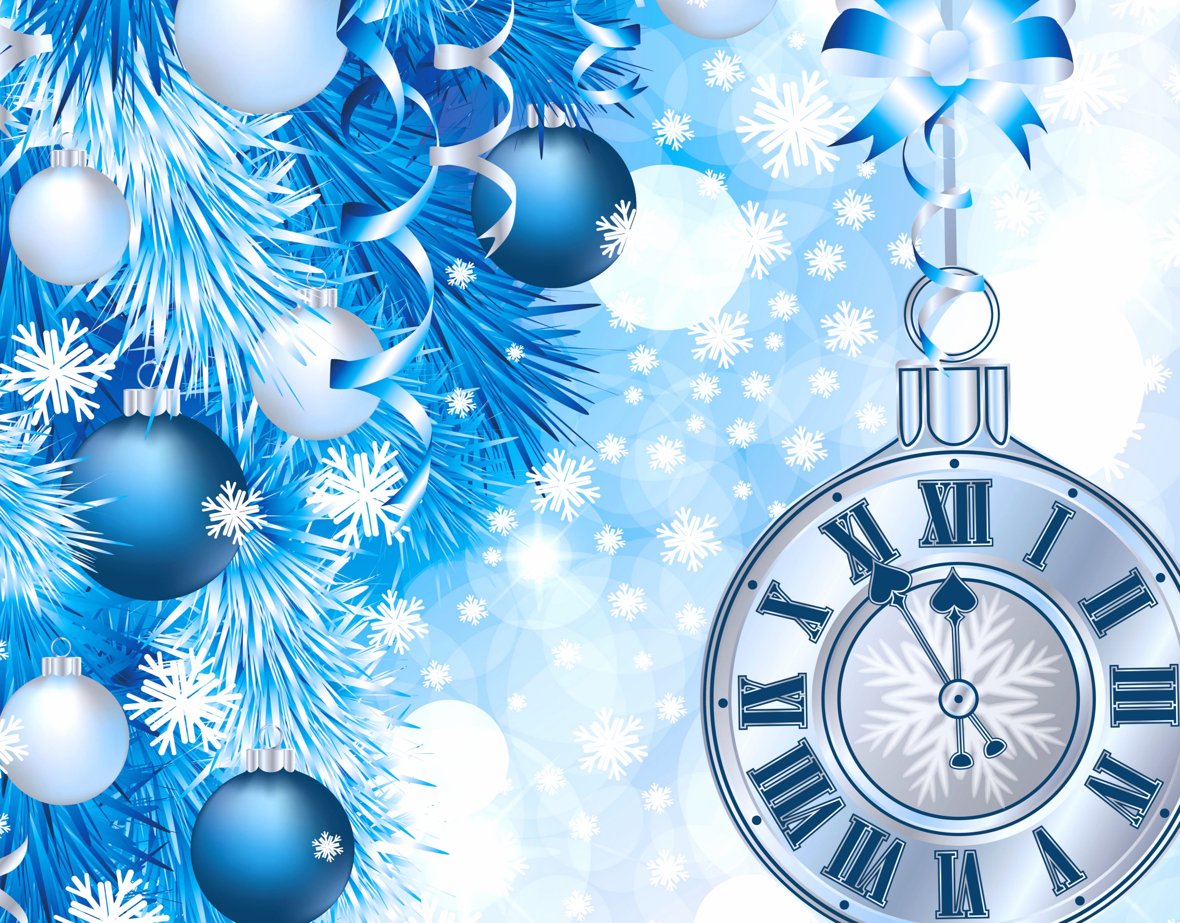 White Blue Snowflake Christmas Ornaments Clock Holiday New Year wallpapers HD quality