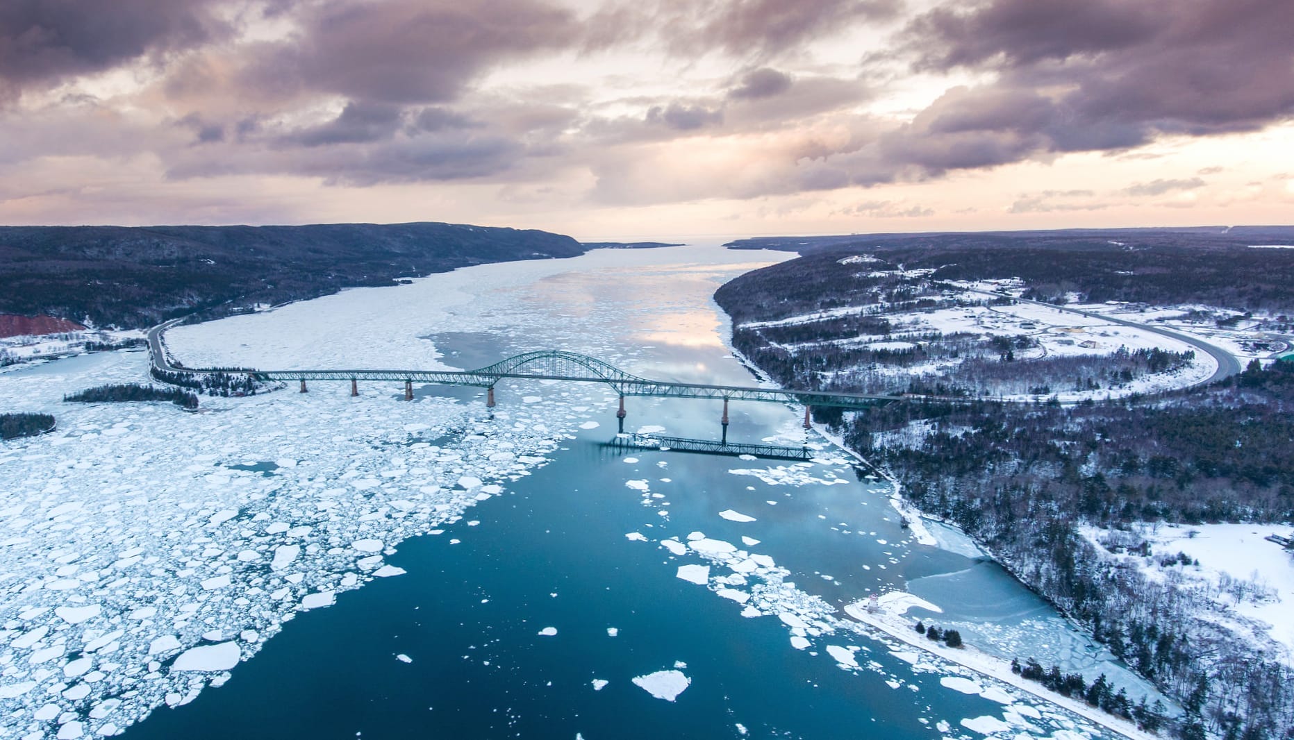 Winter Horizon Bridge River Nature Photography Landscape wallpapers HD quality