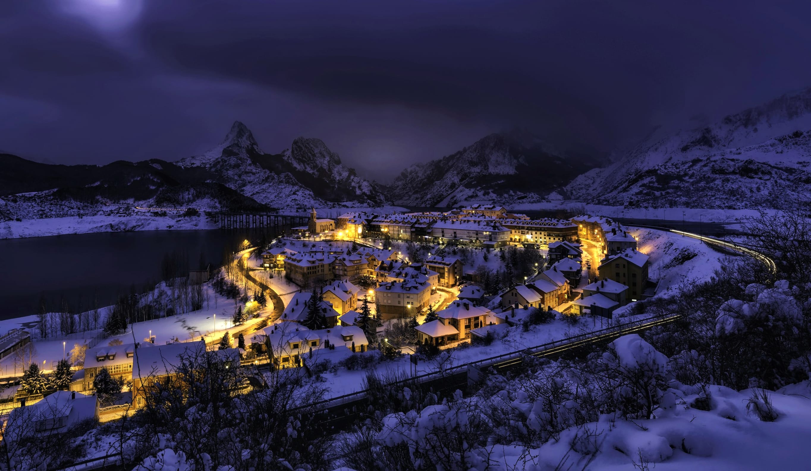 Winter Lights in Snowy Mountain Town - at 1280 x 720 HD size wallpapers HD quality