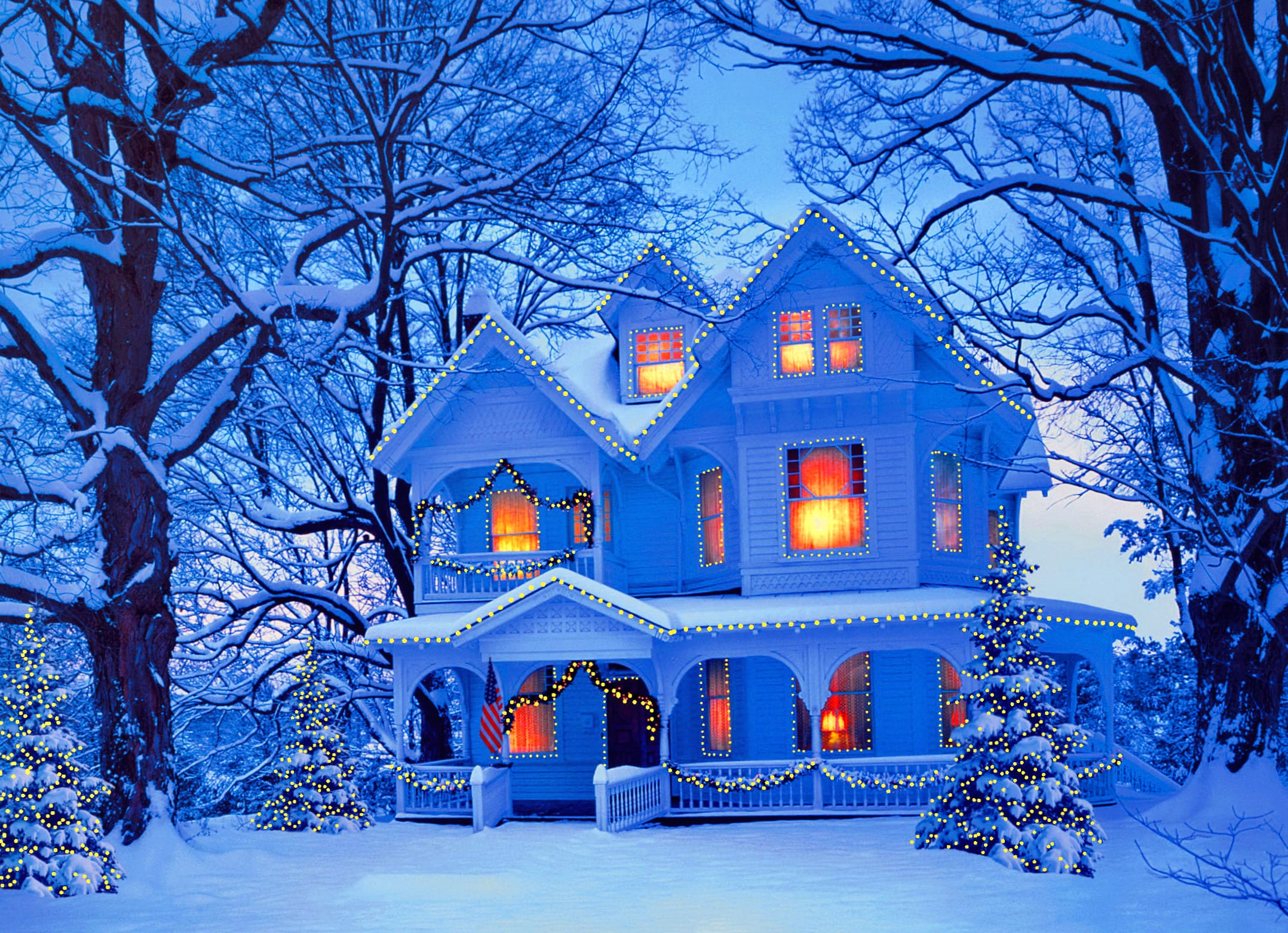 Winter Snow Glow Christmas Tree Light House Holiday Christmas at 2048 x 2048 iPad size wallpapers HD quality