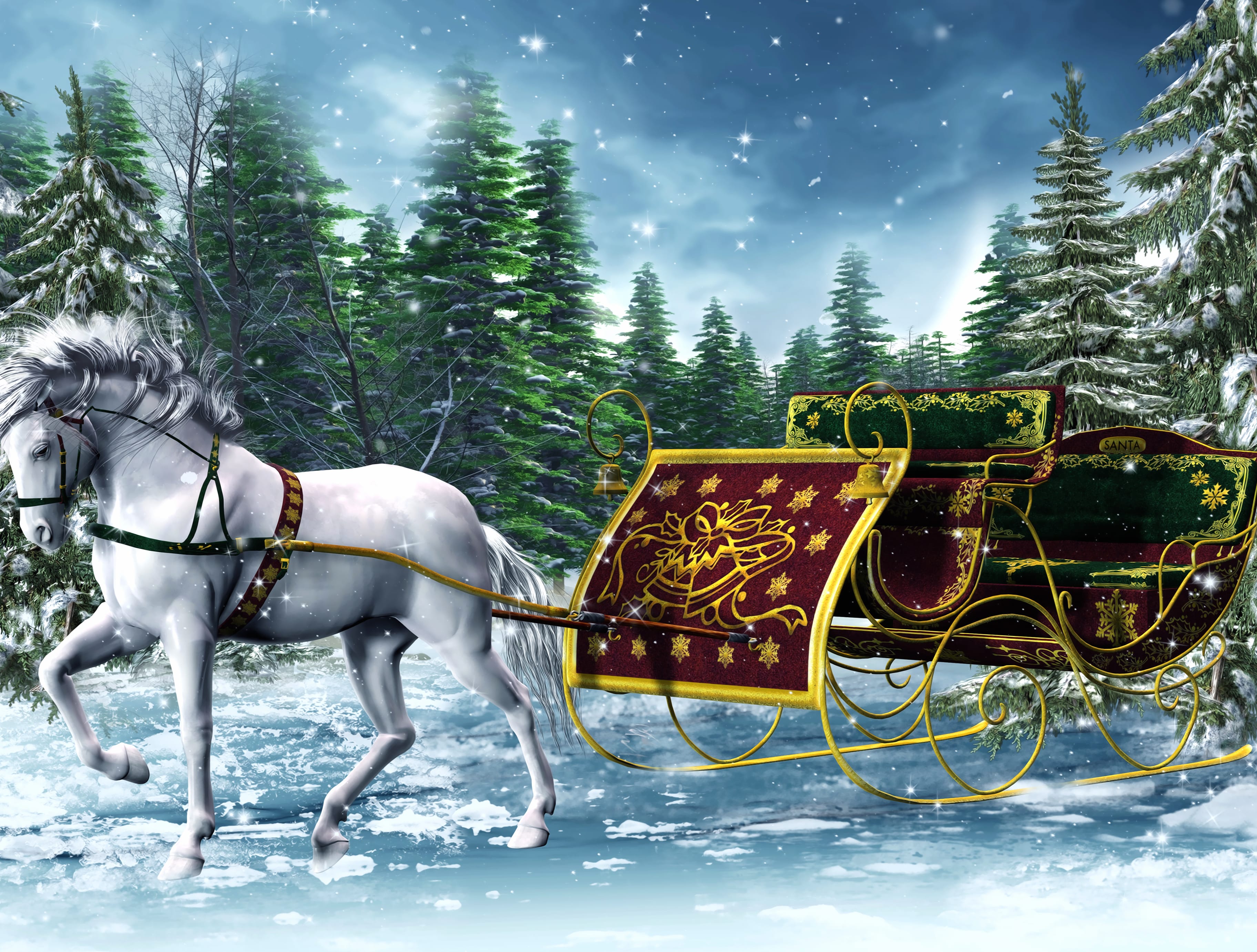 Winter Snow Sleigh White Horse Holiday Christmas wallpapers HD quality