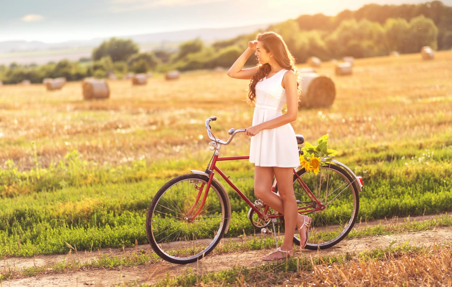 Woman and Bicycle in Field - wallpapers HD quality