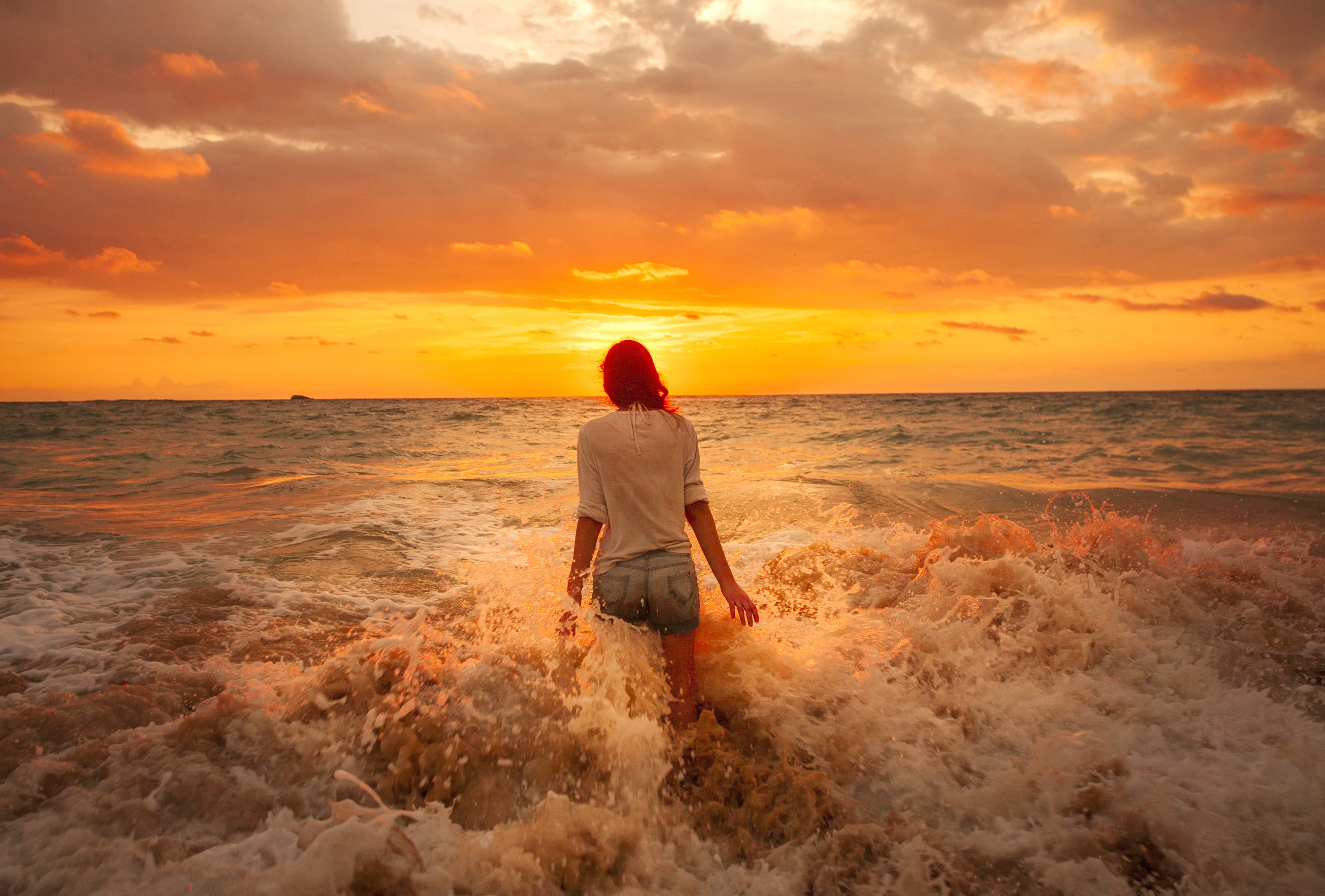 Woman at Sunset Beach - at 640 x 1136 iPhone 5 size wallpapers HD quality