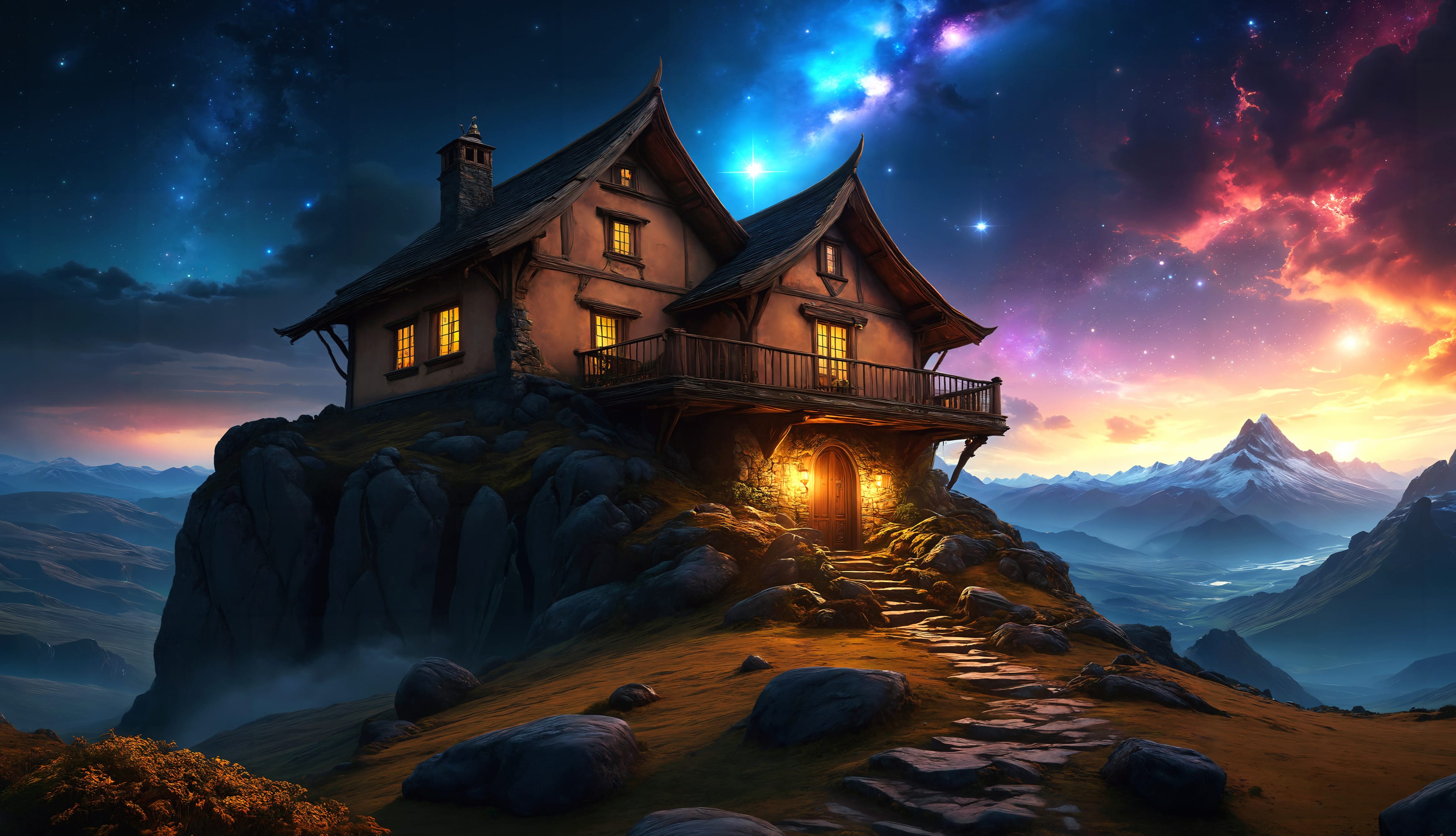 Wooden House Mountain Peak wallpapers HD quality