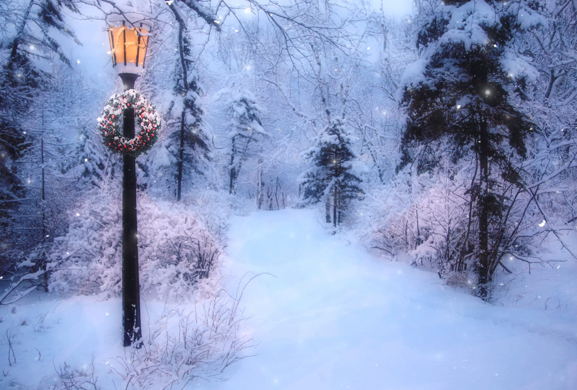 Wreath Snowfall Road Snow Christmas Earth Photography Winter wallpapers HD quality