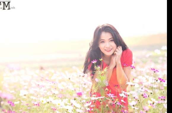 4K Ultra Blissful Asian Woman in Flower Field