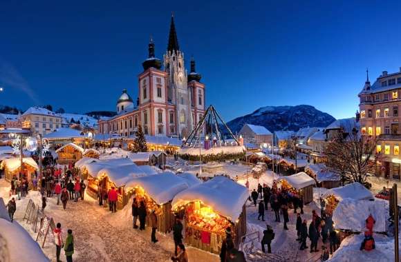 4K Ultra HD Christmas Market in Snowy City Square