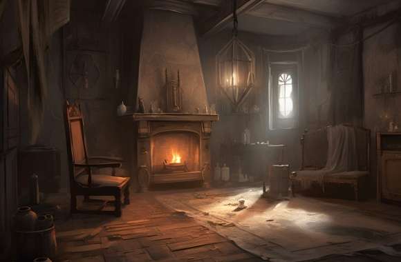 A gloomy room with fireplace