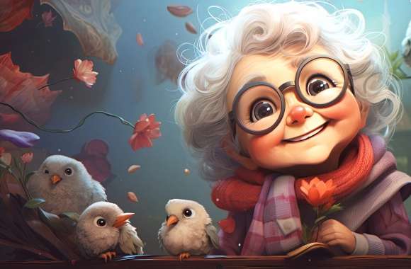 AI-Generated Art Charming Grandmother with Birds