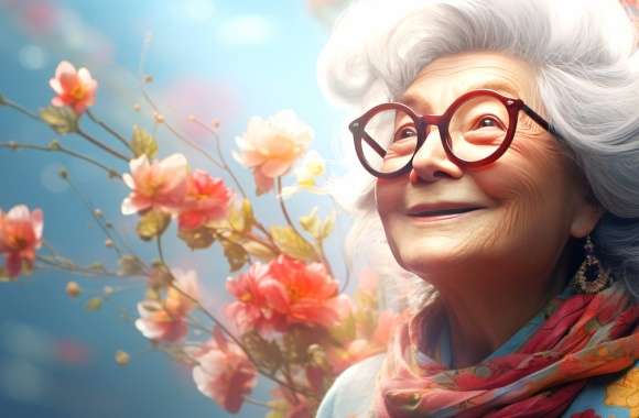 AI-Generated Joyful Grandmother in Spring Blossoms